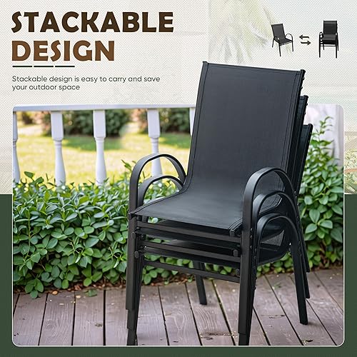 Miniatura 5 de Flamaker Juego de 4 sillas de comedor apilables para patio, sillas de metal y Teslin para exteriores, para césped, terraza, porche, balcón (negro)