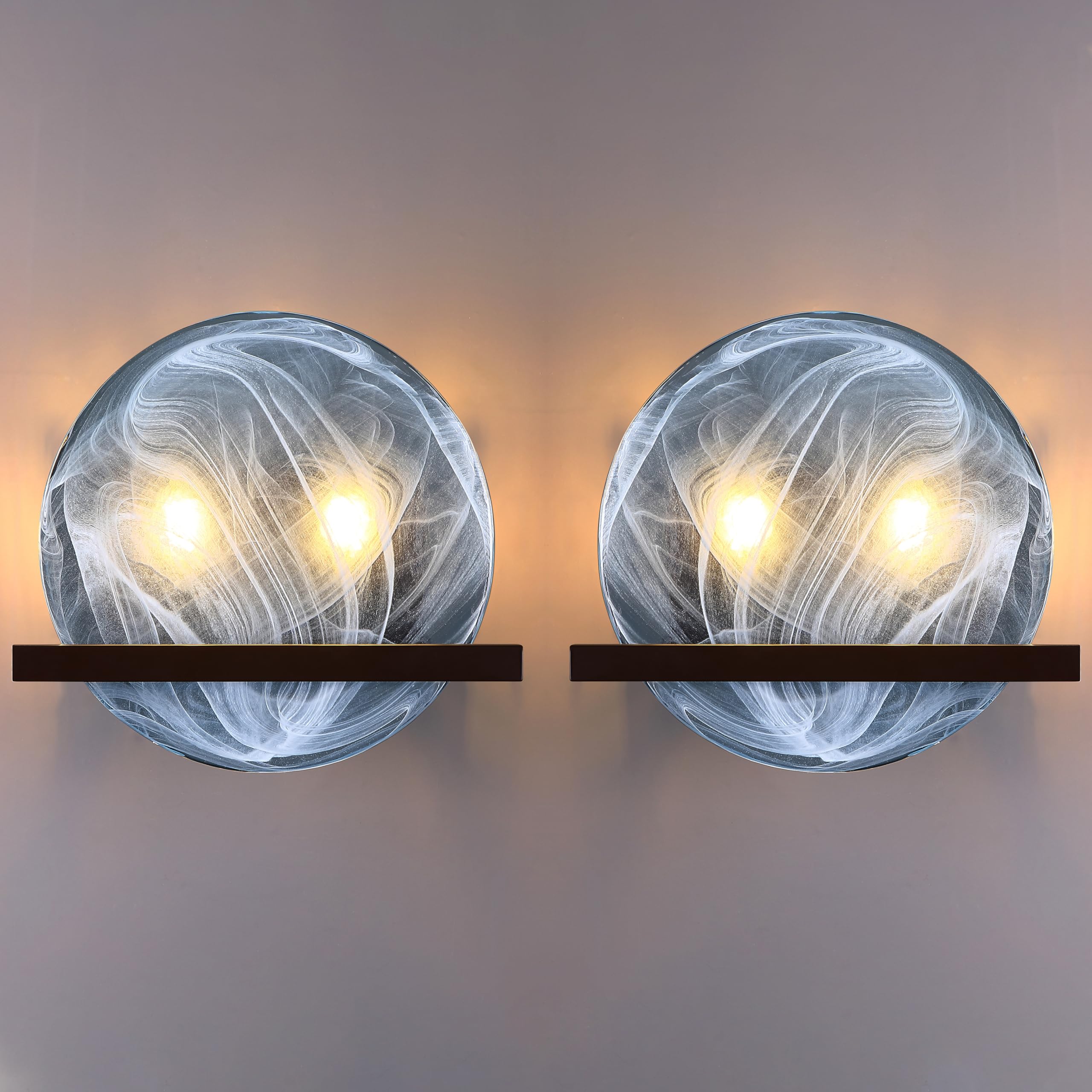 10" Round Blue Glass Bathroom Wall Sconce Concise Style 2 Pack 2 Light Wall Light Fixture,Oil Rubbed Bronze Finish for Bedroom Hallway Bedside Living Room