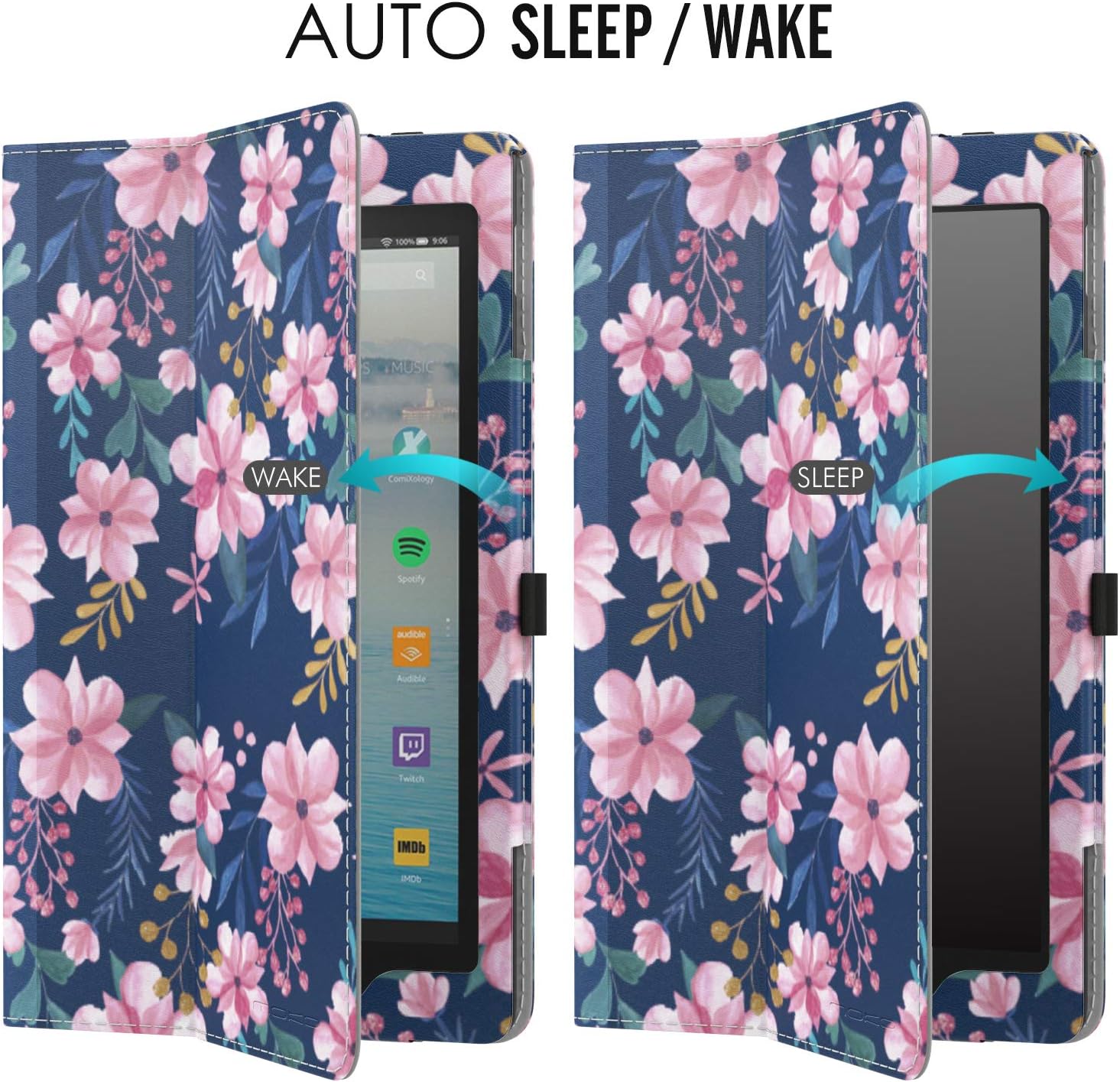 MoKo Case for Amazon Fire HD 10 Tablet (7th and 9th Generation, 2017 and 2019 Release) 10”, Slim Folding Stand Cover with Auto Wake/Sleep for Fire HD 10.1 - Blue & Pink Flower
