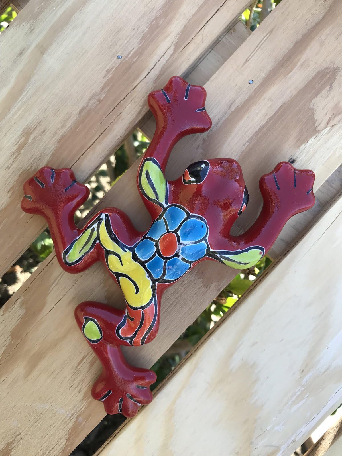 Authentic Puebla Talavera Ceramic Small Frog 6" Pottery Mexico Hand Painted Hanging Wall Art Decor! Lifelike Shape Gecko Style Lizard [Red W/ Yellow Leaves]