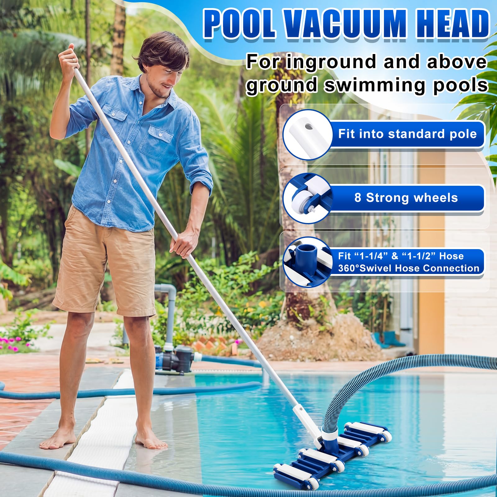 Kit d'aspirateur de piscine 5 pièces comprenant un tuyau de 2,5 à 1,3 cm x 9 m avec tête d'aspiration à roue pivotante, un poteau réglable, une brosse de 44,5 cm et un filet d'écumoire pour