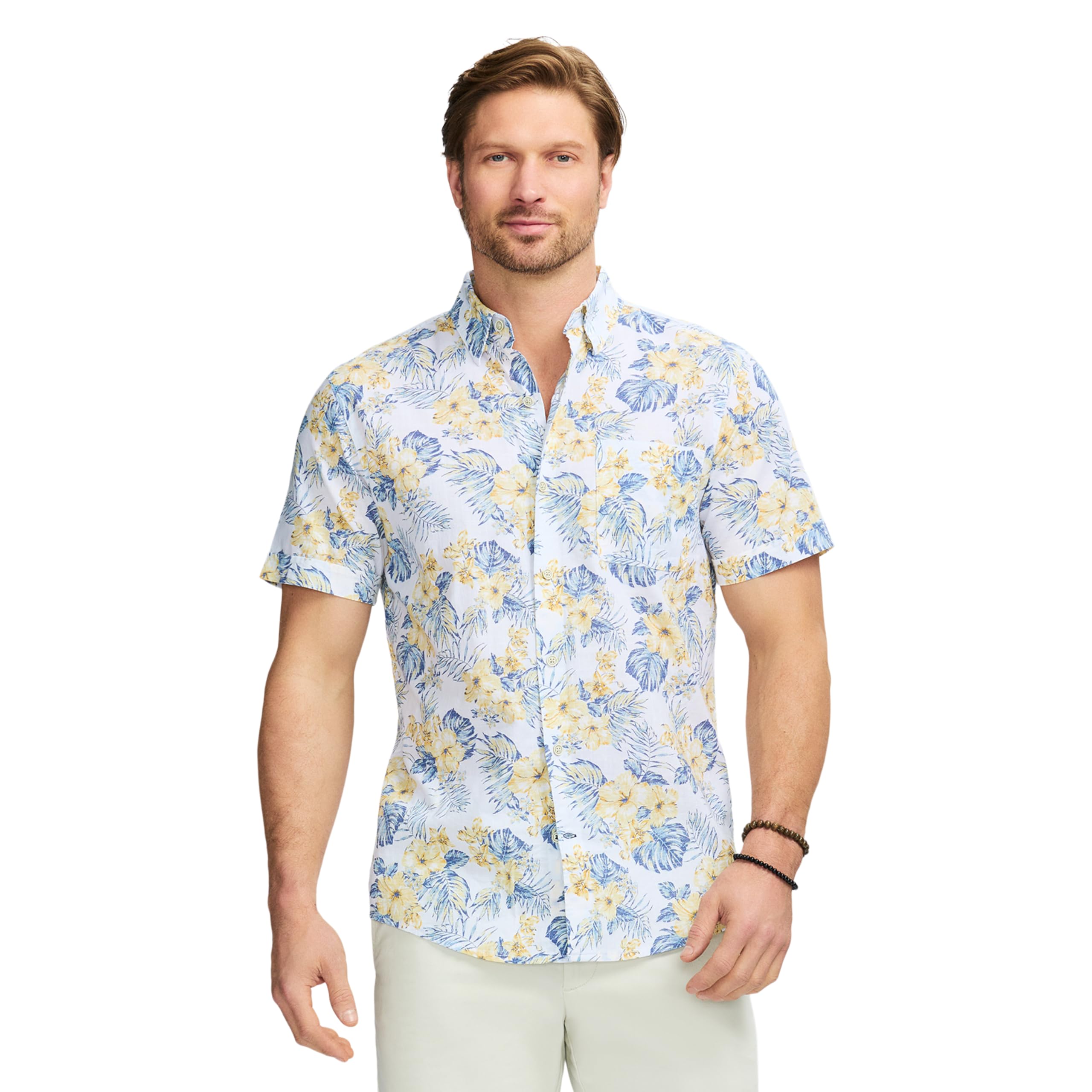 Izod Men's Saltwater Dockside Chambray Short Sleeve Button Down Shirt, Bright White Floral, Large