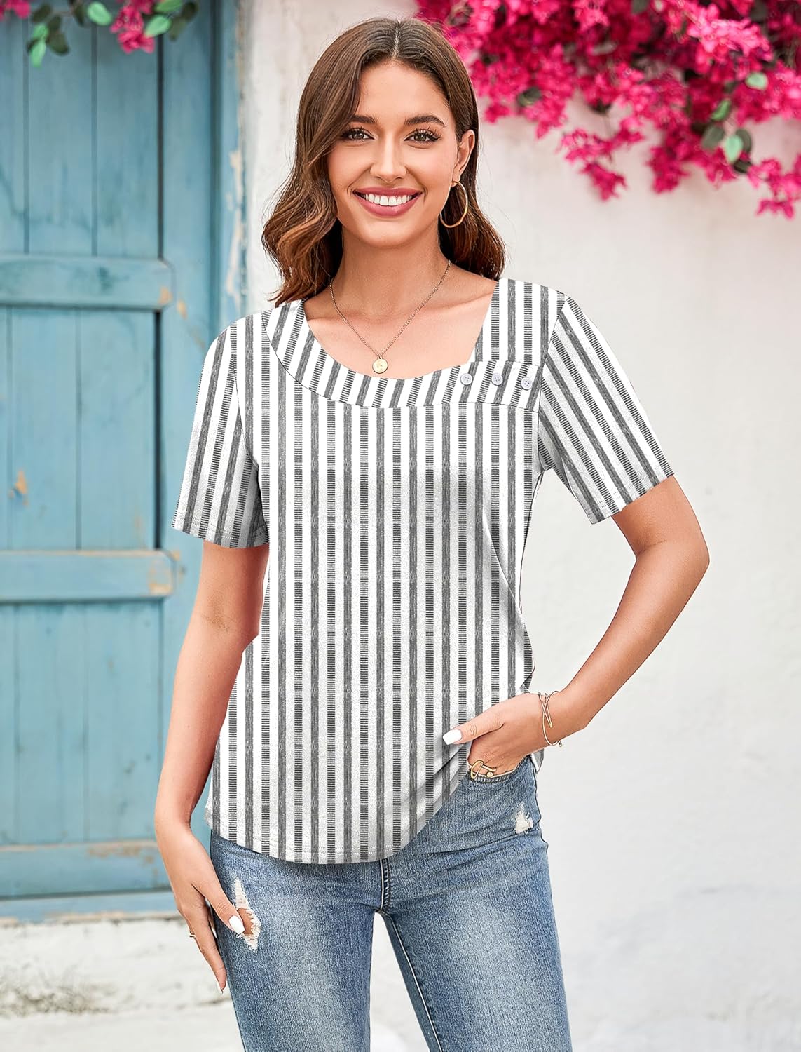 Soesdemo Short Sleeve Shirts for Women Asymmetrical Square Neck with Button Tops Casual Flowy Lightweight Summer Blouses - Image 2