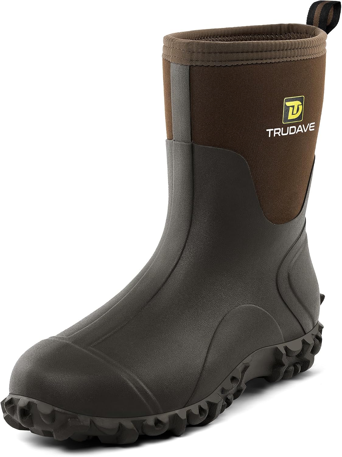 Trudave Rubber Boots for Men, 6mm Neoprene Insulated Mud Boots with Steel Shank, Men's Mid Calf Waterproof Rain Boots,Anti-Slip Rubber Work Boots for Farming Gardening Fishing,Size 7-13
