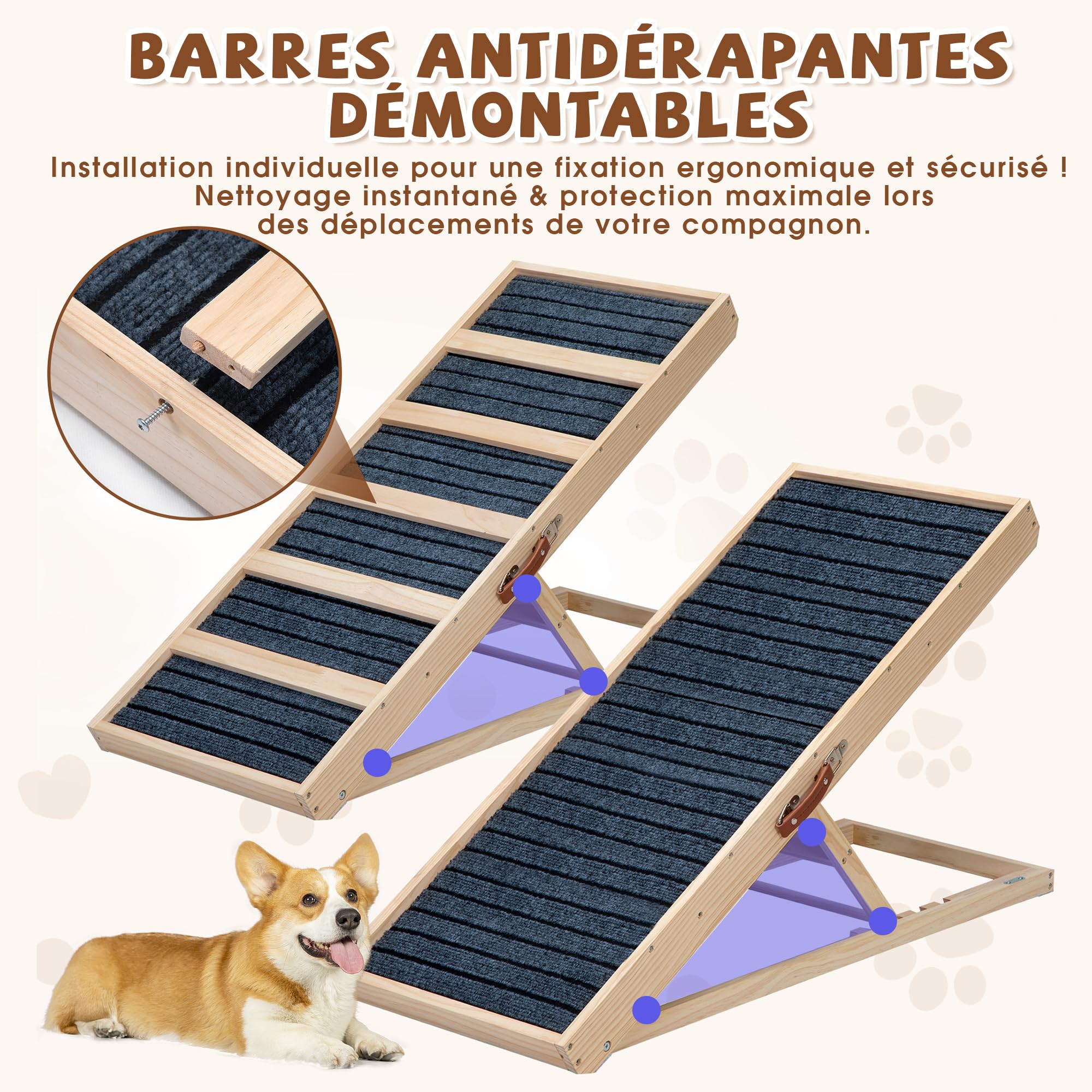 Hunderampe Klappbar aus Massivholz Höhenverstellbar mit abnehmbaren Anti-Rutsch-Leisten Für ältere Hunde & Katzen mit Mobilitätseingeschränkung Leicht & Tragbar für Auto, Sofa, Bett