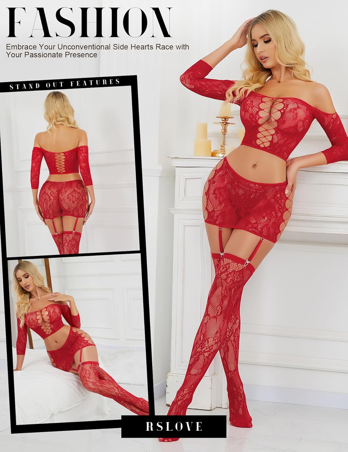 RSLOVE Lingerie Sets for Women Sexy - Fishnet BabyDoll Garter Mini Skirt Bodystocking Mesh Bodysuit Outfits Nightwear - Image 4