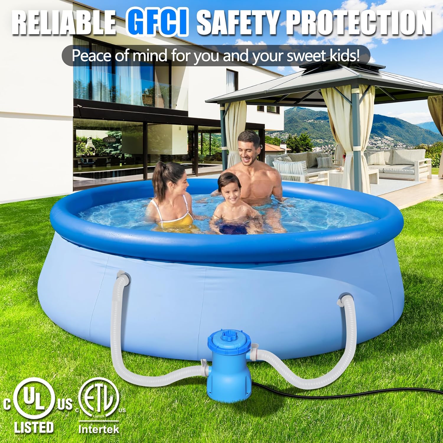 300 GPH Pool Filter Pump for Small Above Ground Pools, ETL Certified Pool Cartridge Filter Pump System with GFCI, Safety & Reliable Water Circulation Pumps - Rapidly Capture Debris in Water