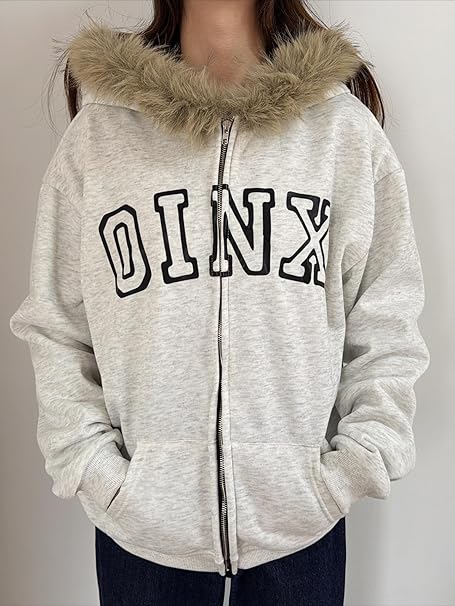 OANTGM Y2k Zip Up Hoodie Fur Jackets Emo Grunge Crop Winter Coats