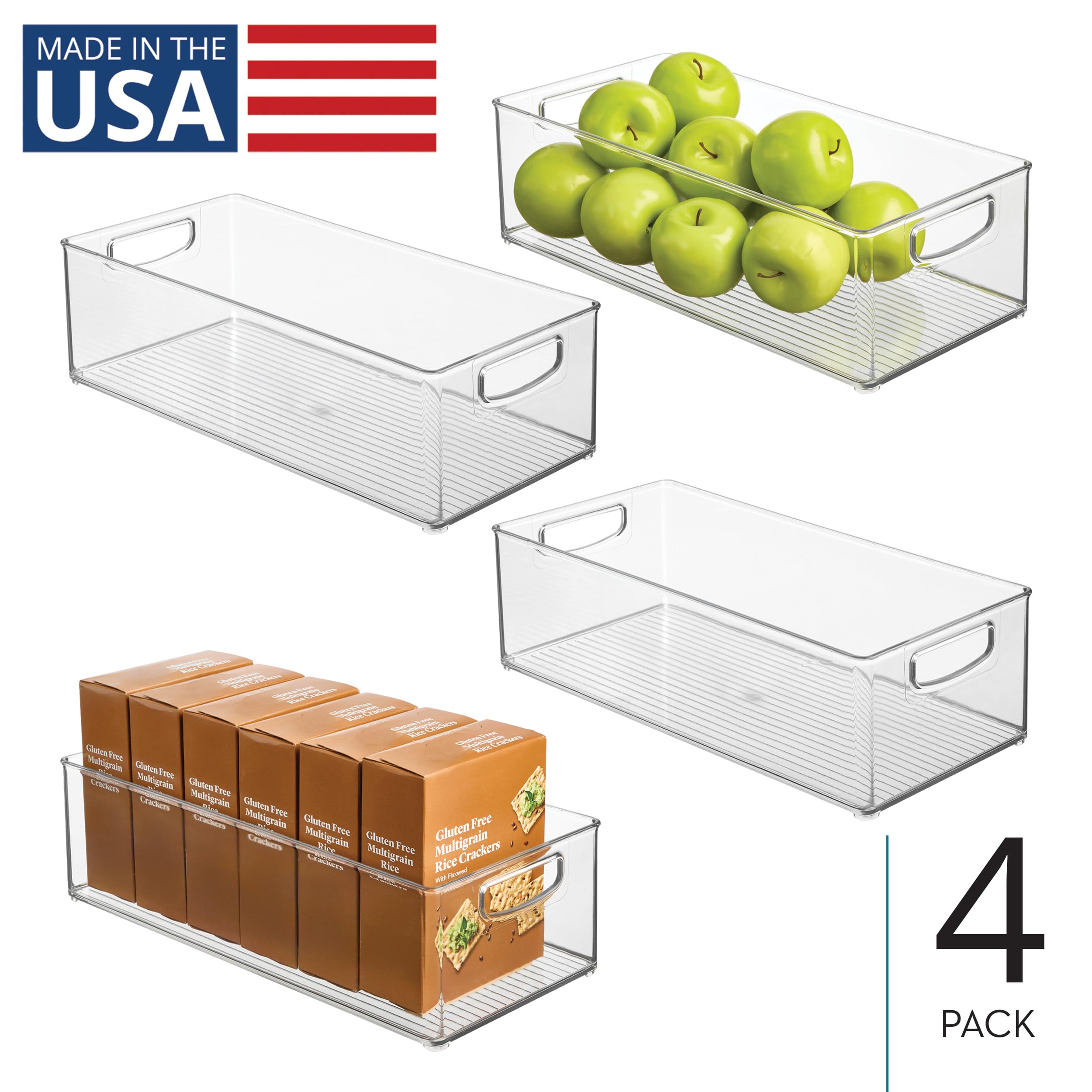 InterDesign iDesign stapelbarer Speisekammer-Mülleimer aus Kunststoff – Organizer mit Griffen für Schränke oder Kühlschrank – 4er-Set – transparent