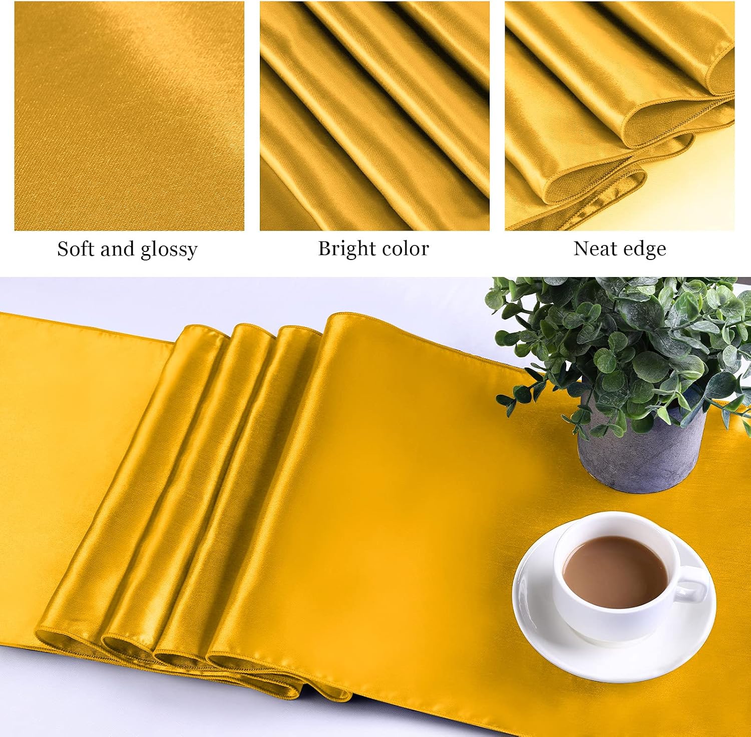 Ruisita 6 Pack Wedding Satin Table Runner 12 x 108 Inch Yellow Long Bright Silk Wedding Dinner Party Table Runner for Wedding Banquet Birthday Party Decoration