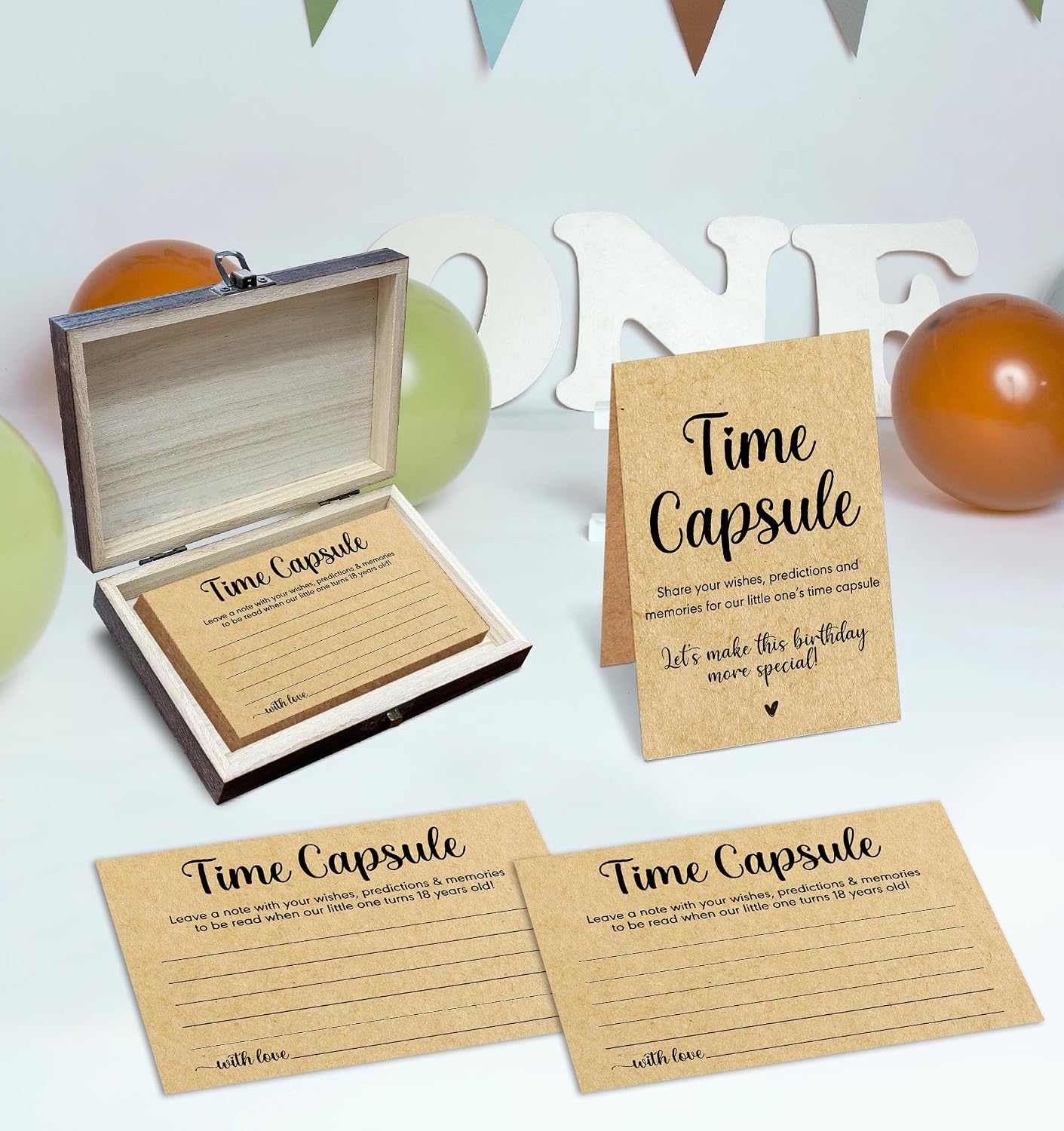 Baby Time Capsule Box for 1st Birthday – Set of 50 Wishes Cards & Keepsake Gift Box – First Birthday Party Games & Decorations (Minimalism Design) -A02