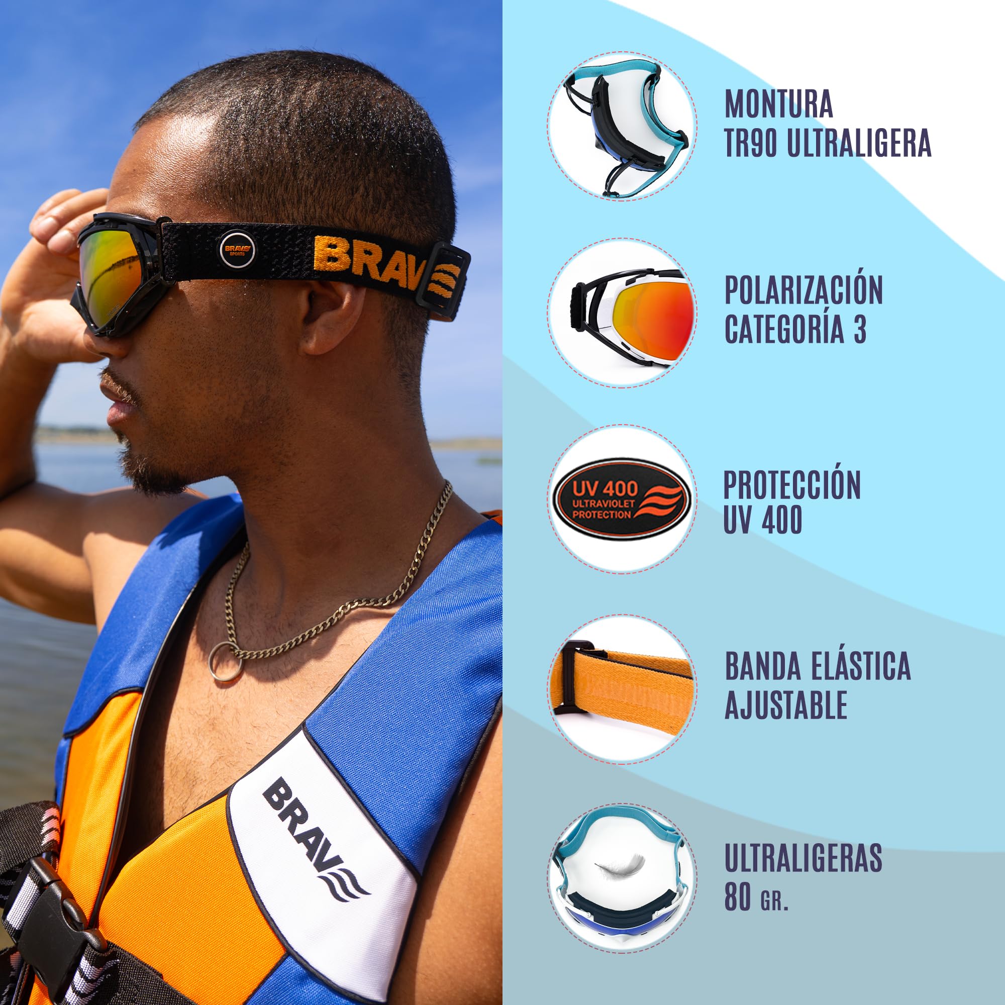 BRAVE BREEZE – Gafas Deportivas Tipo Goggle para Running, Ciclismo y Outdoor – Polarizadas UV400 Cat.3 Anti-Fog – Cinta Ajustable Antideslizante – Certificación CE – Set completo