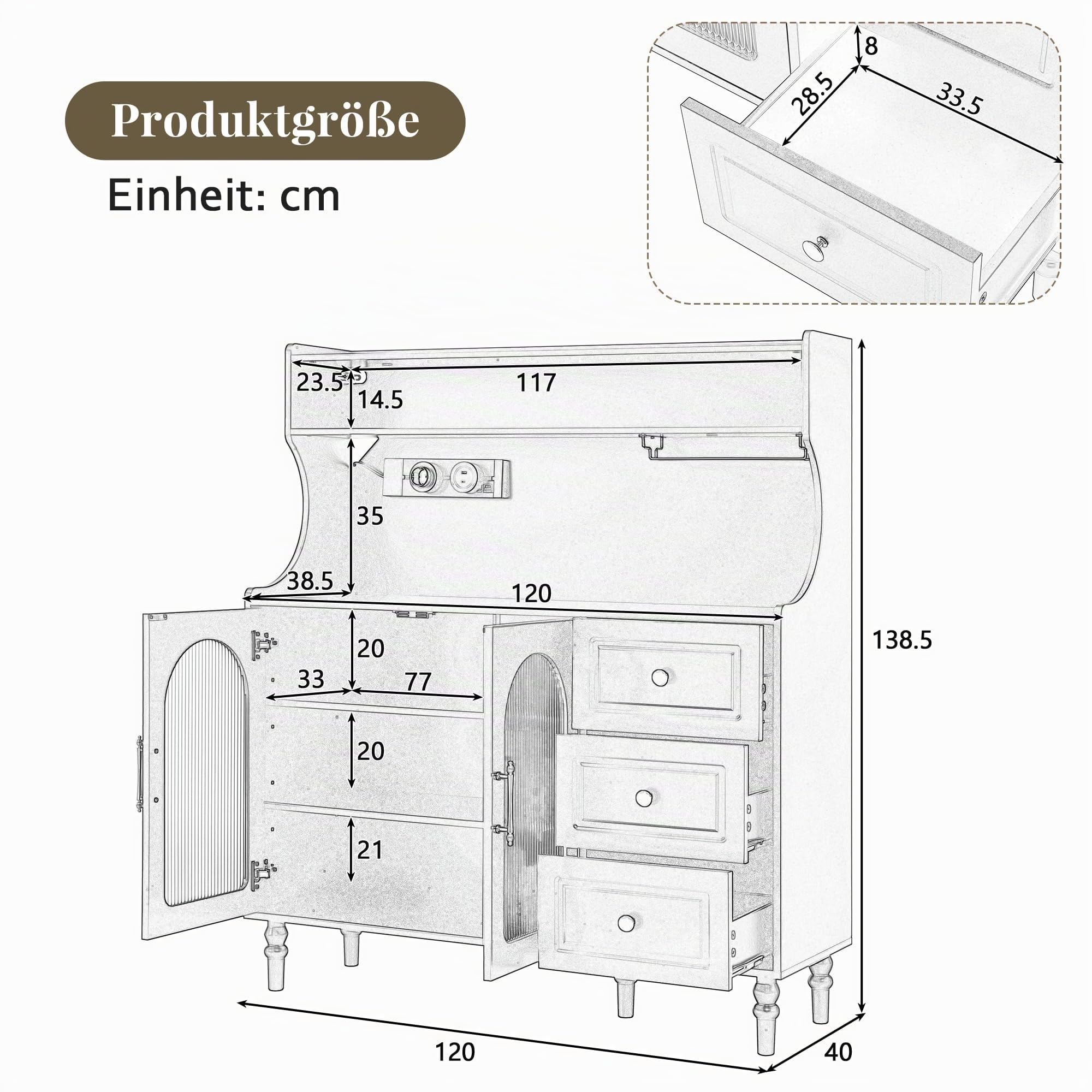 Küchenschrank Buffetschrank Höhe 138.5 cm mit Steckdosen und Stauraum, Hochschrank Sideboard mit Weinglashaltern, Barschrank Küchenschränke Highboard mit Schubladen, Küchenmöbel, Schrank Weiß