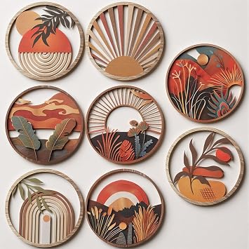 MAQUITA 8 Pcs Boho Wall Decor Round Circle Wall Hanging Decor Boho Minimalist Walls Art for Bedroom Living Room Bathroom Patio Farmhouse Aesthetic Wooden Hollow Geometric Decors
