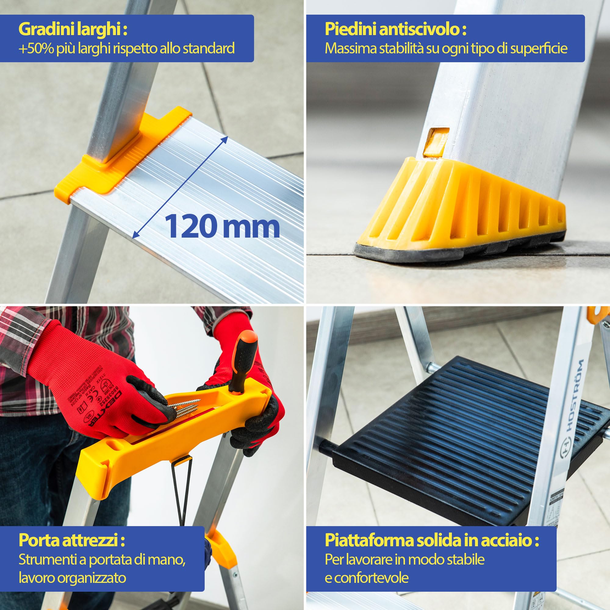 HOSTRÖM Scala 5 gradini in alluminio, sgabello pieghevole con porta-attrezzi, gradini larghi 12 cm, uso domestico e professionale, garanzia 5 anni.