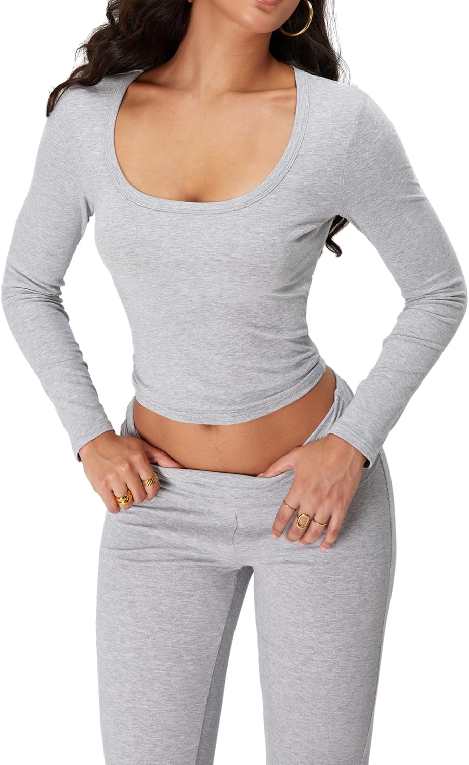 iGENJUN Women's 2 Piece Sets Long Sleeve Square Neck Low Rise Flare Leggings Sets Yoga Sweatsuit Tracksuits Lounge - Image 4