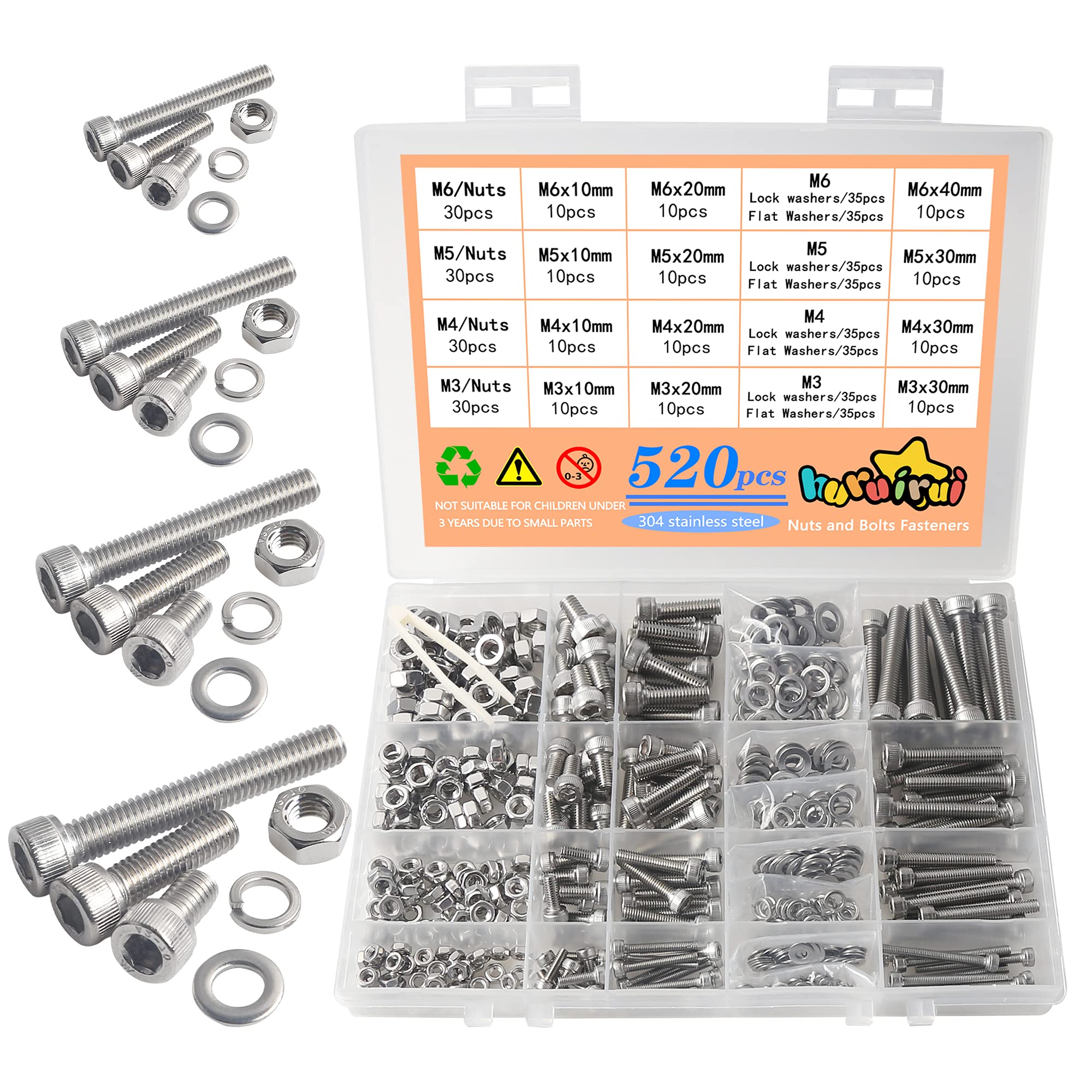 huruirui 520pcs M3 M4 M5 M6 Nuts and Bolts Set 304 Stainless Hex Socket Head Cap Bolts Machine Screws Nuts and Washers Assortment Set Kit for Fepairing Bicycle Furniture Machine Fasteners