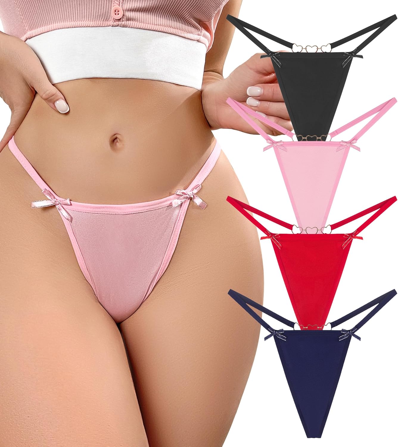G-String Thongs for Women Low Waist Sexy Underwear No Show Cheeky T-Back Bikini Panties 4 Pack