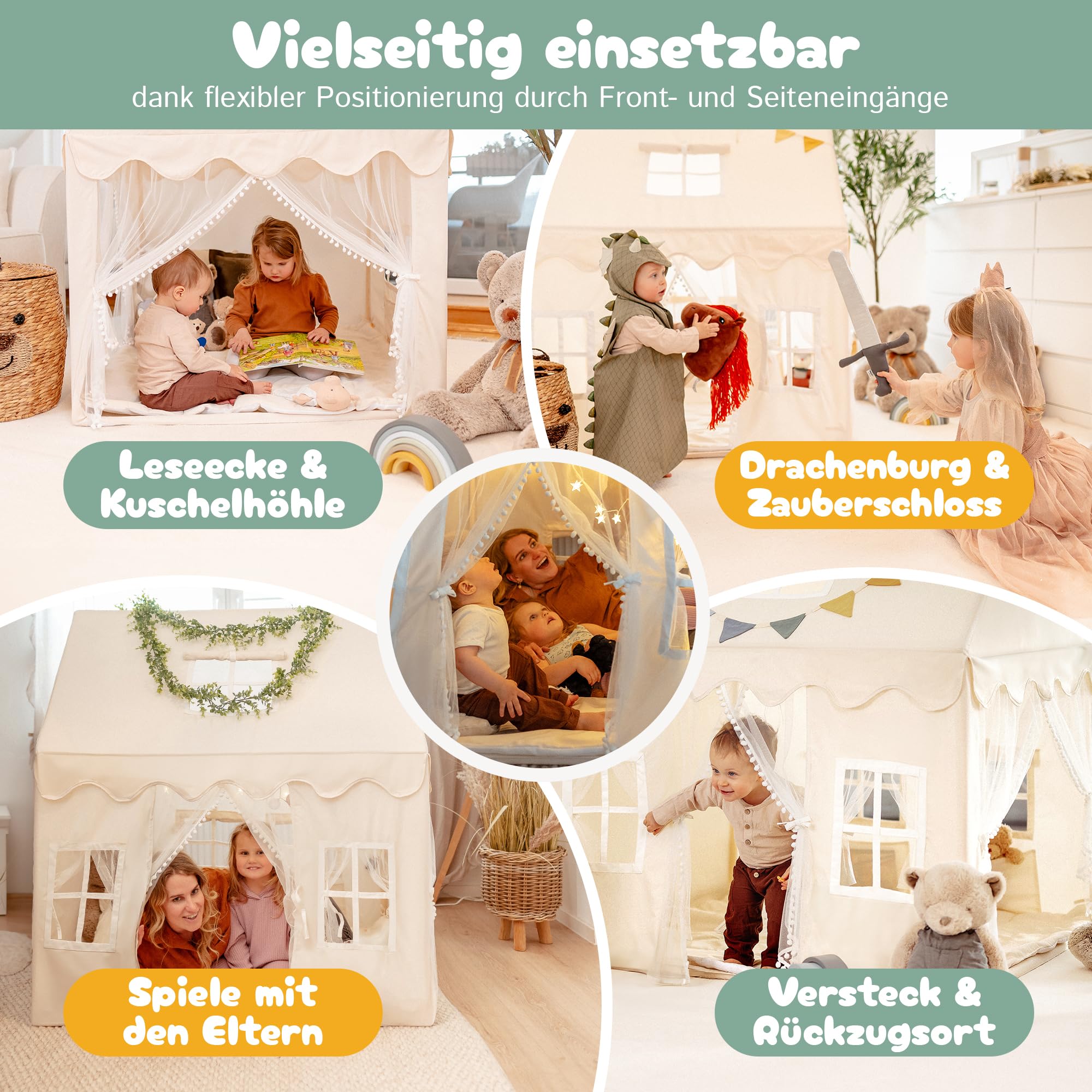 Spielhaus Kinder Indoor mit 2 Eingängen & 5 Fenstern | Kinderzelt für Drinnen, Spielzelt, Kinderspielhaus, Kinderhaus, Zelt Kinderzimmer, Kuschelecke | Mädchen & Jungen ab 3 Jahre | beige