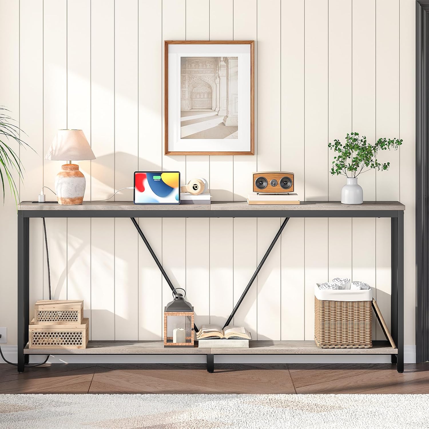 HOOBRO 78.7" Extra Long Sofa Console Table with Charging Station, 2-Tier Behind Couch Table with V-Brace, for Narrow Entryway, Hallway, Living Room, Greige BG206UXG01