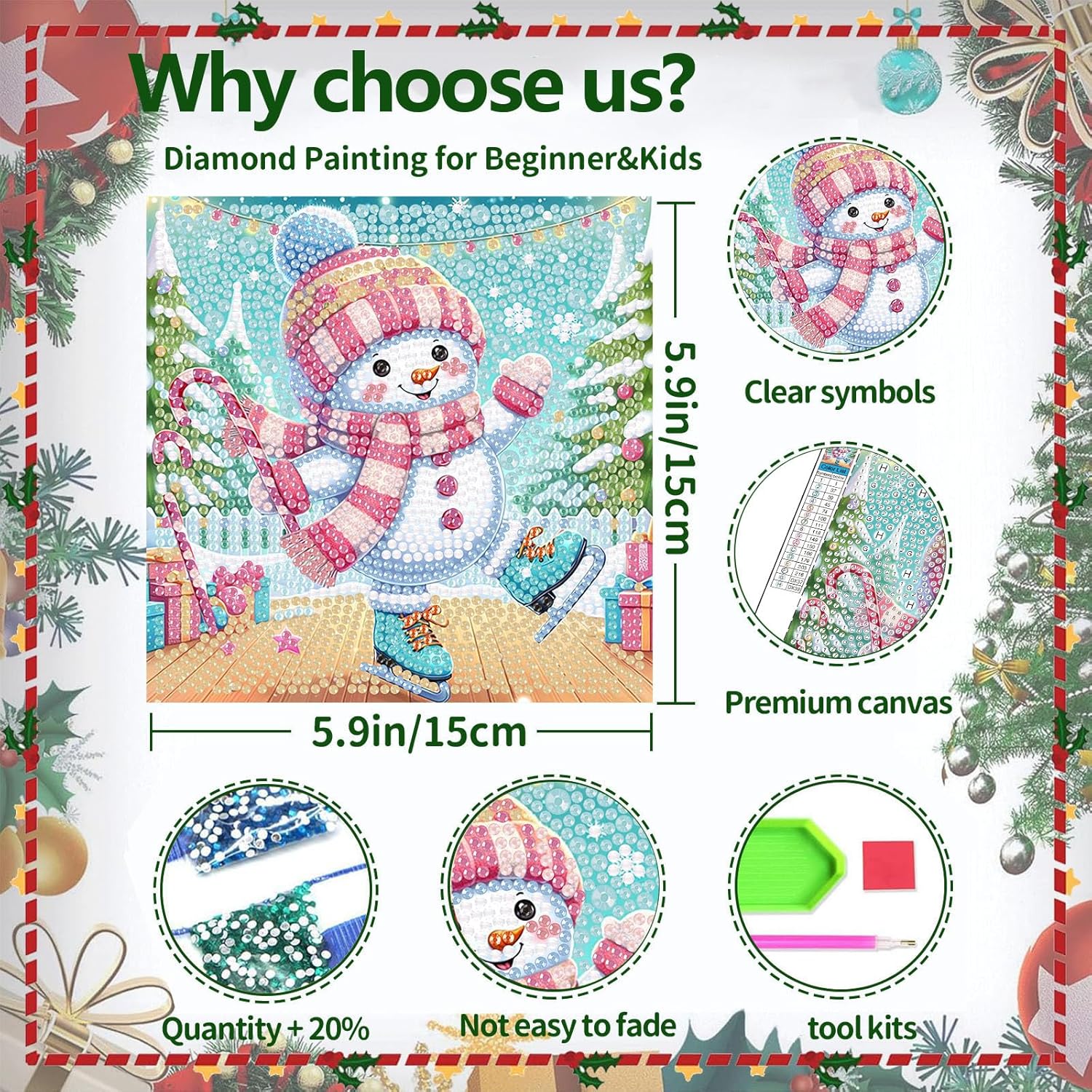 Christmas Diamond Art Kits for Kids with Frame, Christmas Diamond Art for Kids Ages 8-12, Snowman Gem Painting Kits for Kid with Beautiful Package for Gift Home Wall Decor (7x7inch)