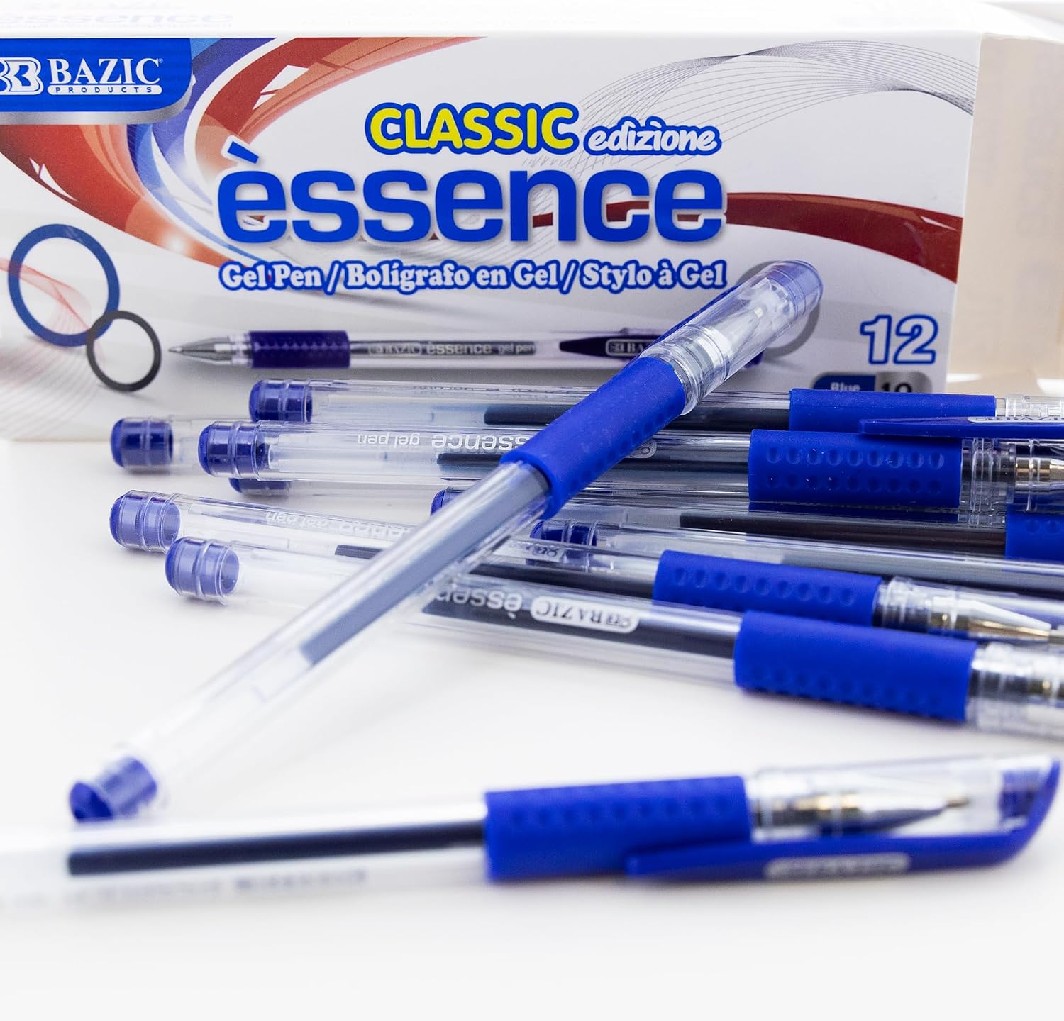 BAZIC Products Essence Gel Pen, Medium Point 1.0mm Blue Gel Ink Pens, Comfort Grip Smooth Writing, 12 Count, 4-Packs