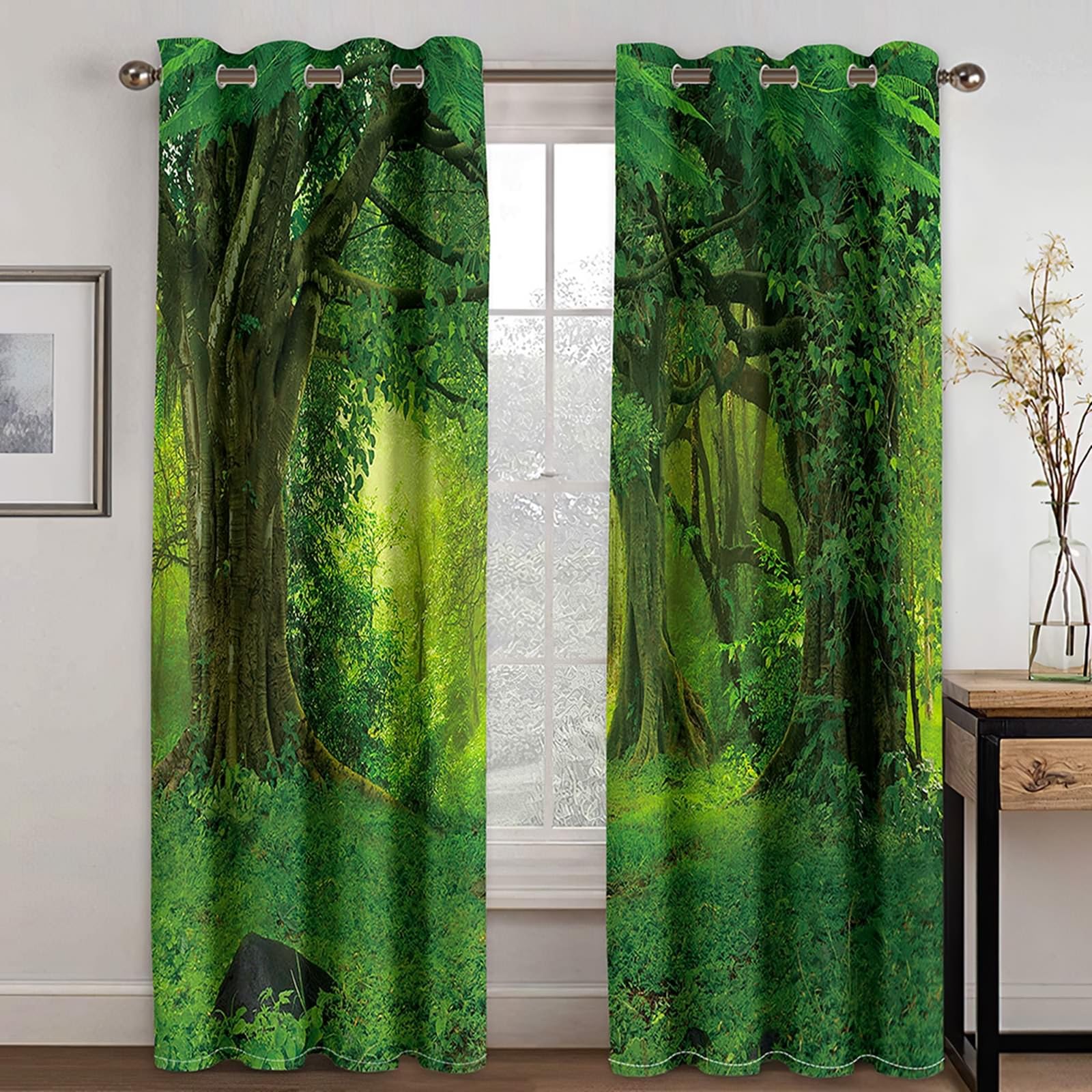 Gualiy Thermo Vorhänge 2er Set Ösen, Vorhänge Grün 86x183 Natur Waldlandschaft Gardinen Vorhang Blickdicht