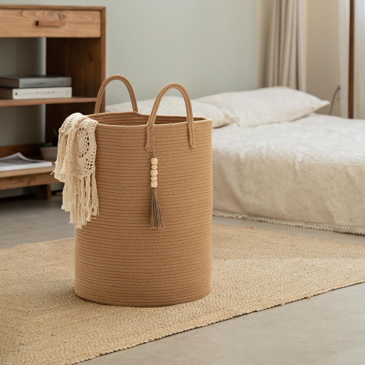 Blanket Basket 58L, Woven Laundry Hamper Tall Laundry Basket with Boho Wooden Tassels, Large Cotton Rope Storage Basket for Blankets Pillows Toys, Living Room Nursery Bedroom Decor (Brown)