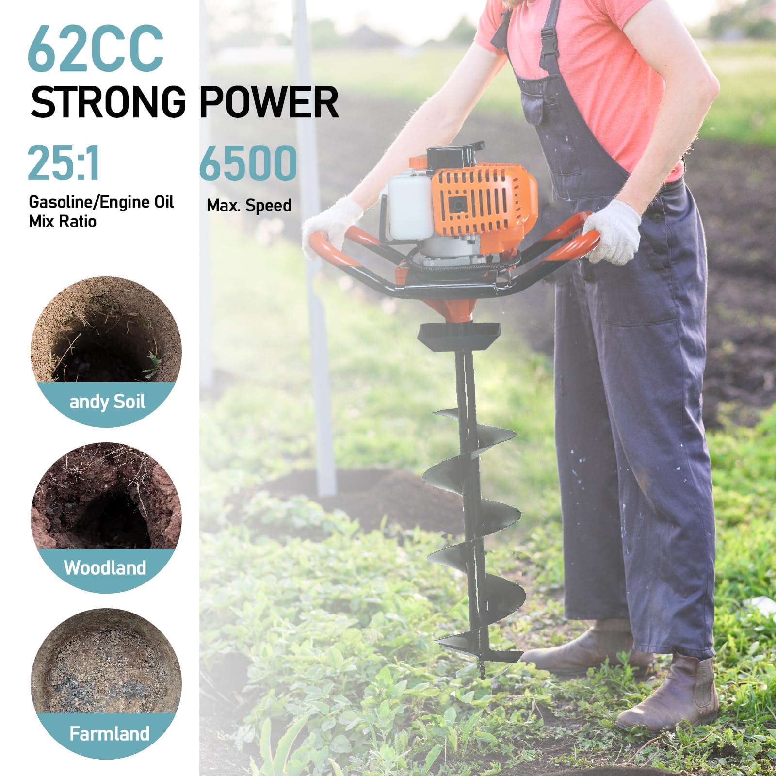 Garden Tiller 62cc Post Hole Digger, Gas Powered Post Hole Digger