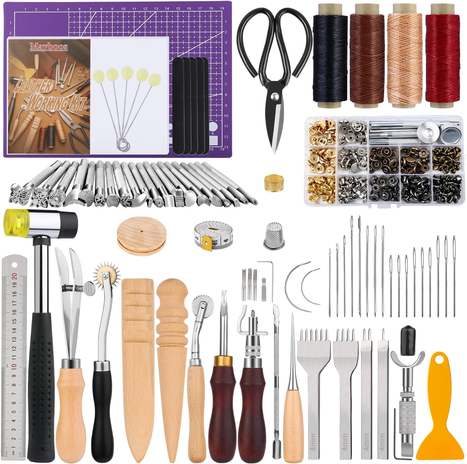 Mayboos 183Pcs Leather kit,Leathercraft Working Tool Kit with Saddle Making Tools Set,Leather Rivets Kit,Prong Punch,Leather Hammer for Leather Working,Leather Making,Leather Craft DIY