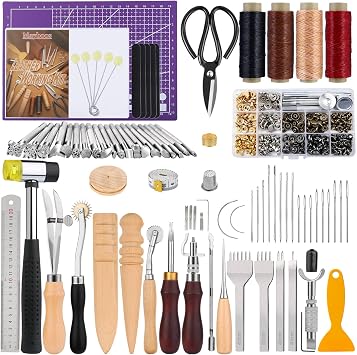 183Pcs Leather Tool Kit, Leather Working Kits | with Saddle Making, Rivets, Prong Punch, Hammer for Craft, Making, DIY Projects