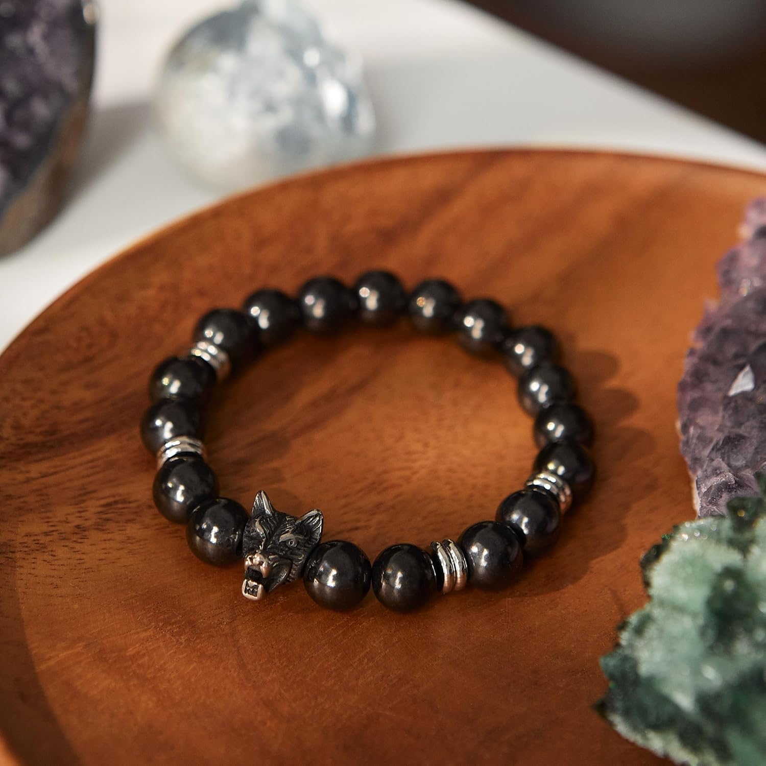 Karelian Heritage Shungite Stone Beaded Bracelet, Handmade for Men, Natural Stones and 7.3 Inch Elastic Stretch Band, Spiritual Chakra Crystal Healing Jewelry