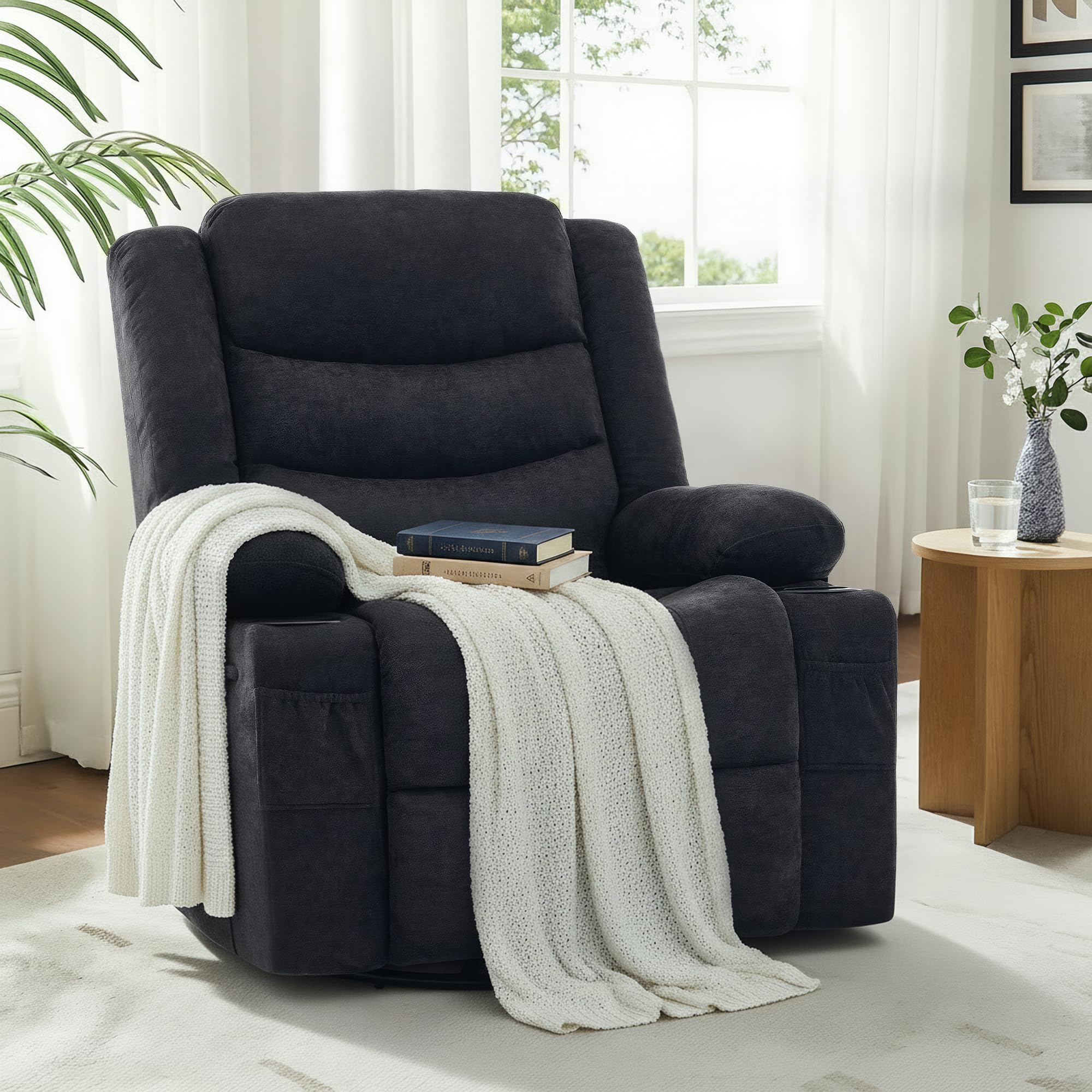 Swivel Rocker Recliner Chair, Manual Recliner Single Sofa with Cup Holders, Chenille Fabric, Modern Nursery Rocking Chair with Side Pocket for Living Room, Apartment, Black