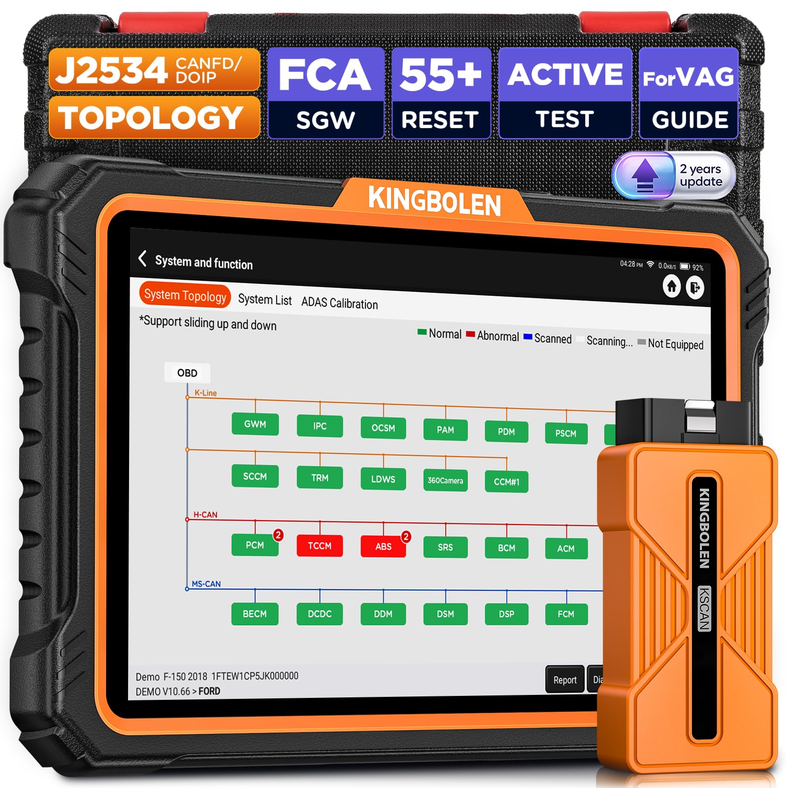 KINGBOLEN K10 Ultra OBD2 Diagnosis Coche Multimarca con Sistema Completo,55+ Reinicios, Bidireccional Maquina Diagnosis Profesional Codificación ECU, J2534/CANFD/DOIP,FCA,2 Año Actualization