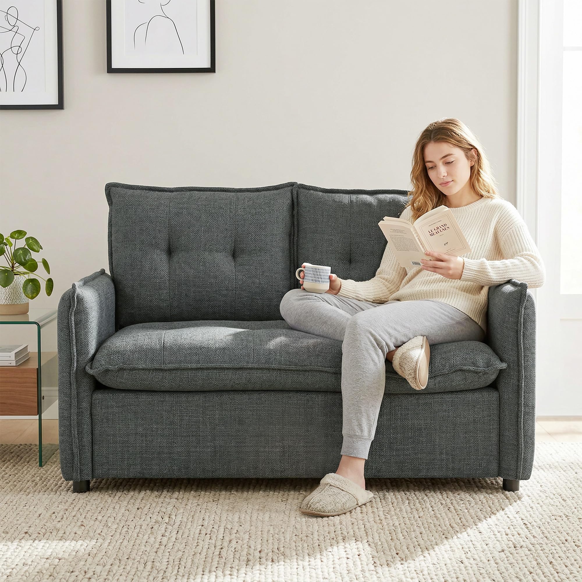HOMCOM Sofá de 2 Plazas, Tapizado en Lino, Sofá Moderno con Acolchado Grueso, Diseño Capitoné, para Espacios Pequeños, Salón, Dormitorio, Oficina, Sala de Estar, 131x75x85 cm, Gris Oscuro