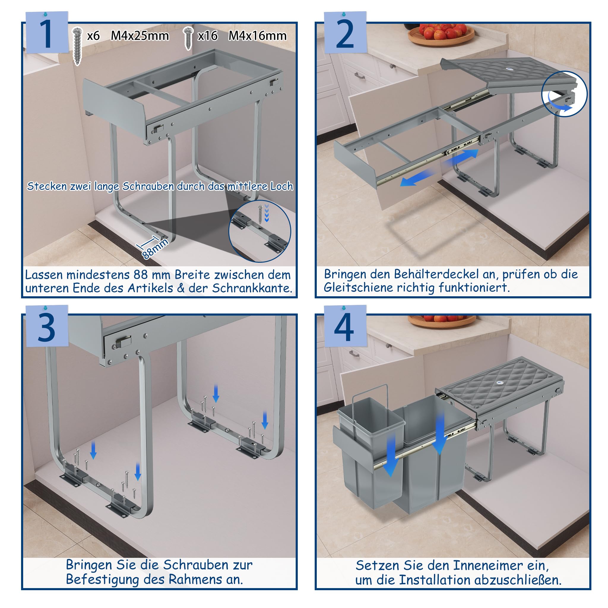 NAIZY Sistema de separación de residuos extensible, cubo de basura para cocina, 2 compartimentos, armario inferior con rieles telescópicos y tapa, cubo de basura para eliminación de basura (1 x 20 + 1