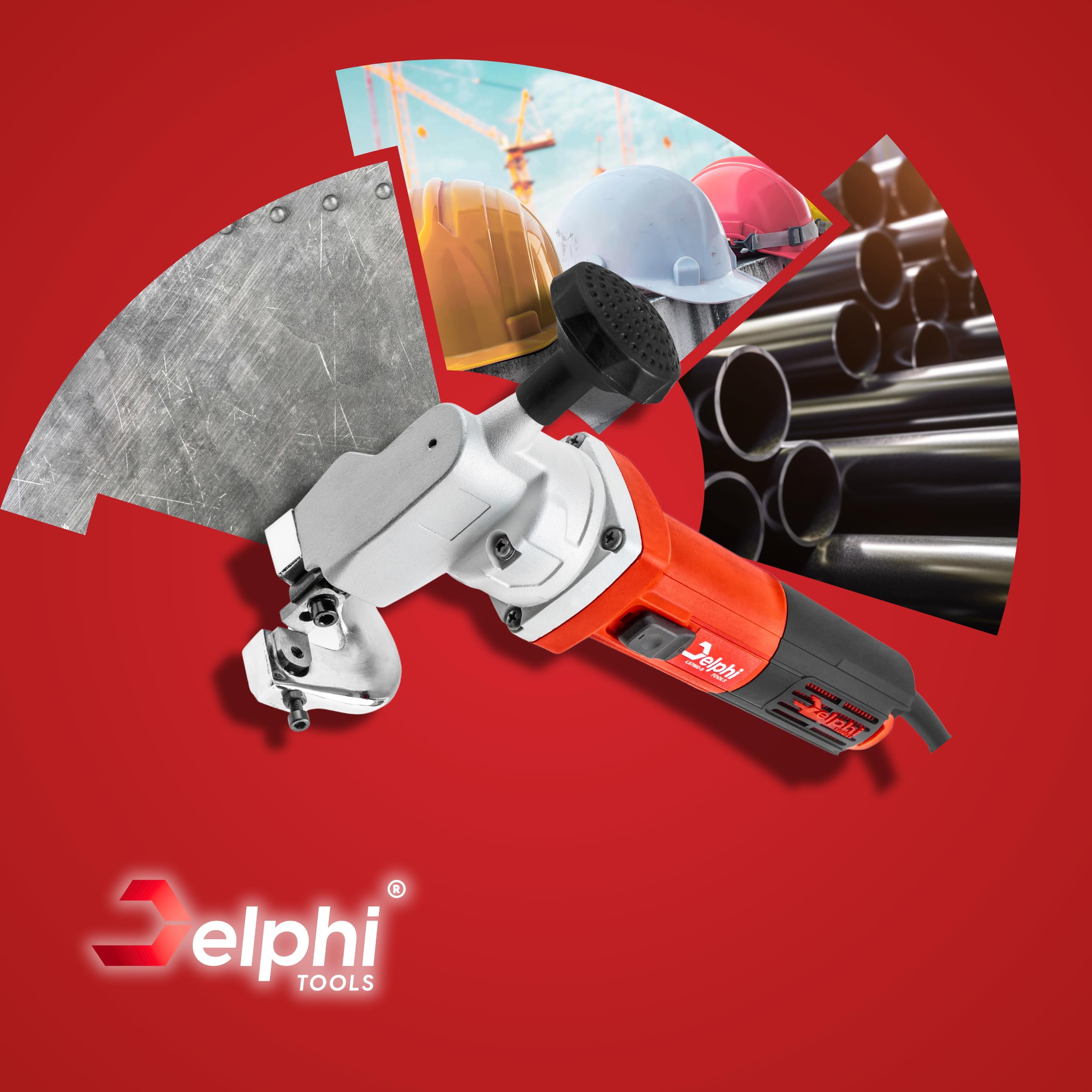 DELPHI Forbici elettriche per lamiera, 850 W, 220 V, qualità industriale, in acciaio inox, taglierina per metallo, taglio fino a 2,5 mm, piastra in acciaio da costruzione 2200 rpm