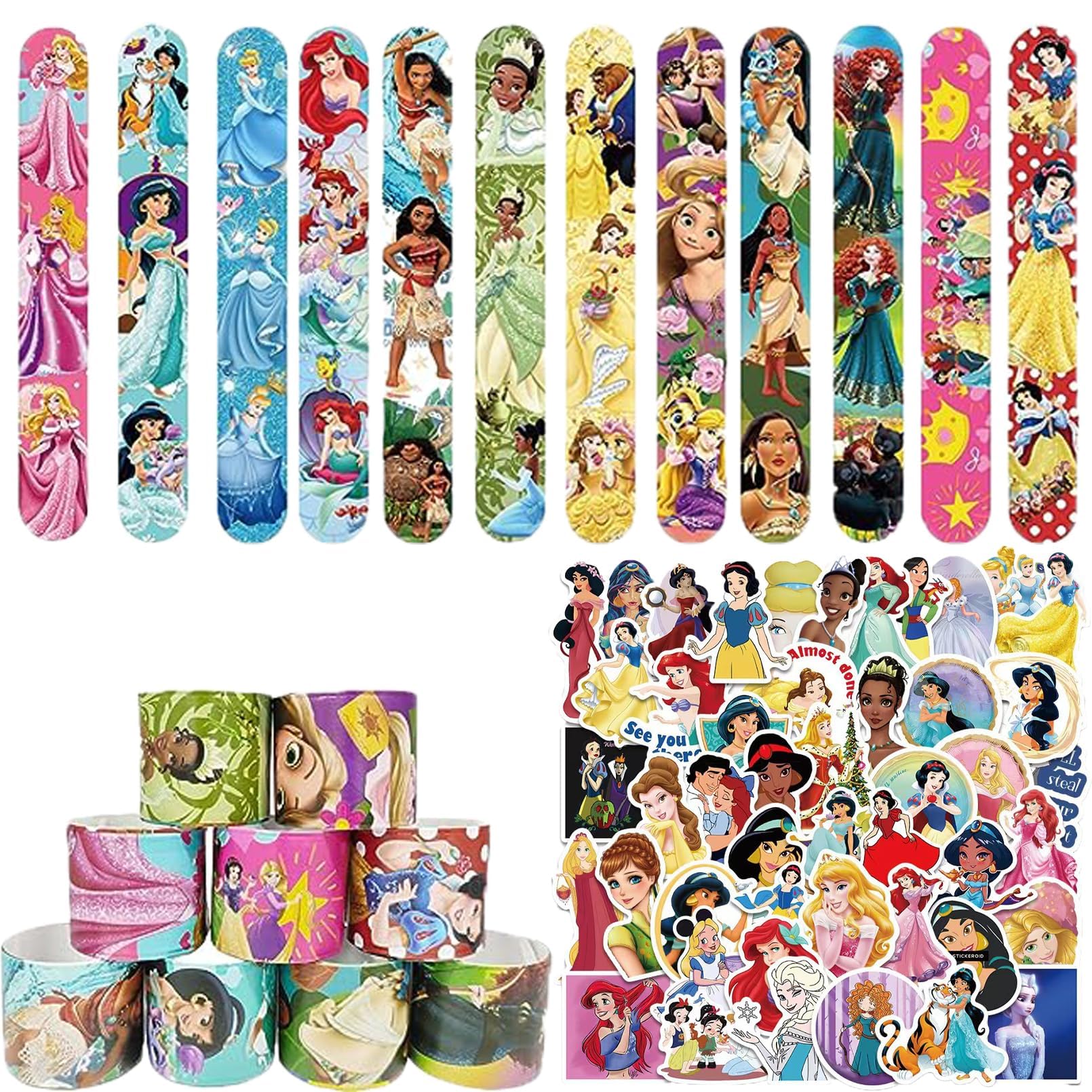 PYTRARTY Slap Bracelets Princesa,12Pcs Princesa Slap Pulsera para Niños,50Pcs Princesa Pegatinas,Pulseras de Bofetada,Regalo Cumpleaños para Niños