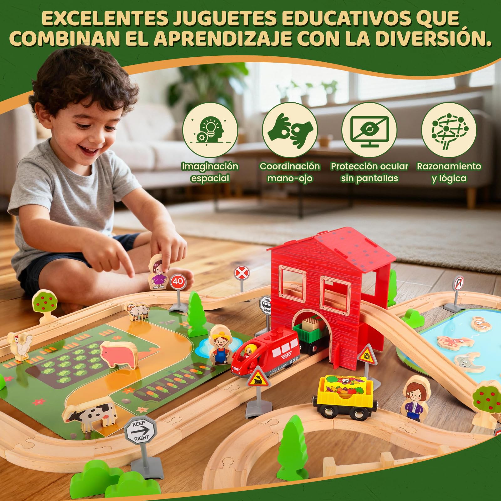 Juego de Tren de Madera, 100 Piezas Tren Madera Juguete, Granja Juguete Donde se Puede Pescar con Estanque, Granja, Animalitos Cumpleaños y Navidad para 4 5 6 7 8 Niños