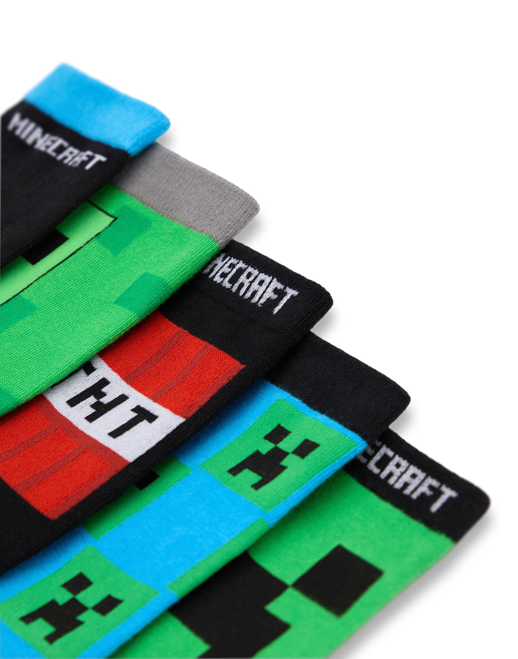 MINECRAFT Set di 5 Calzini per Ragazzi | Calzini Al Polpaccio con Creeper e TNT Stampa All-over in Nero, Verde e Blu | Set di 5 Calzini per Bambini Giocatori | Regalo di Merchandising di Mojang