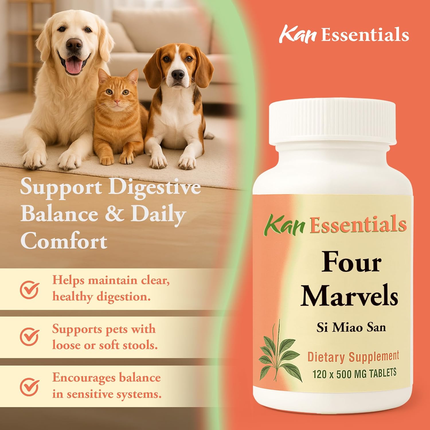 Kan Herb Company Four Marvels – Traditional Chinese Herbal Blend for Dogs and Cats to Support Digestive Clarity, Fluid Balance, and Overall Wellness, Herbal Supplement Tablets for Pets, 120 Tablets