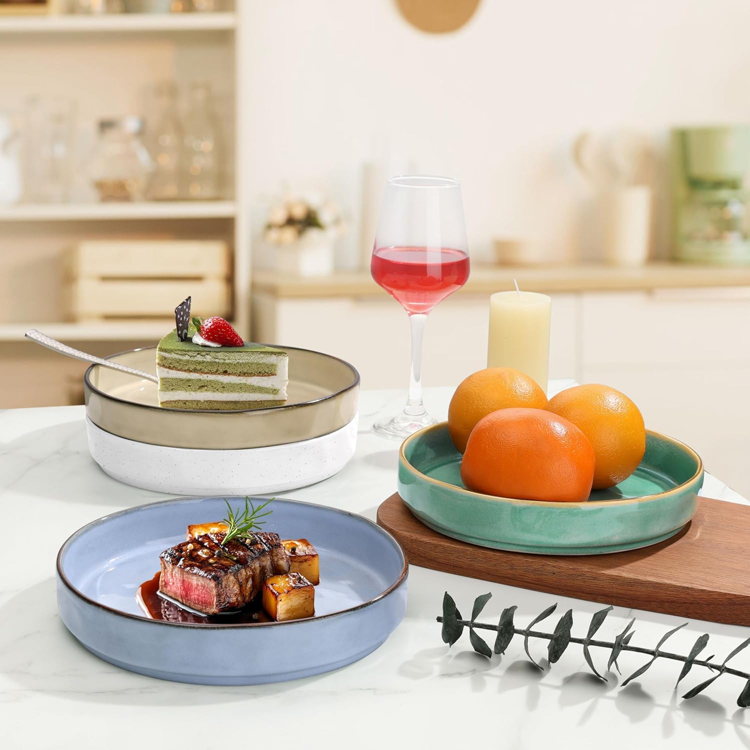 Herogo Stoneware Serving Bowls Dishes Set of 4, 34oz Large Wide Shallow Stackable Ceramic Pasta Bowls Plates for Salad Soup Cereal, Microwave & Dishwasher Safe, Multicolor