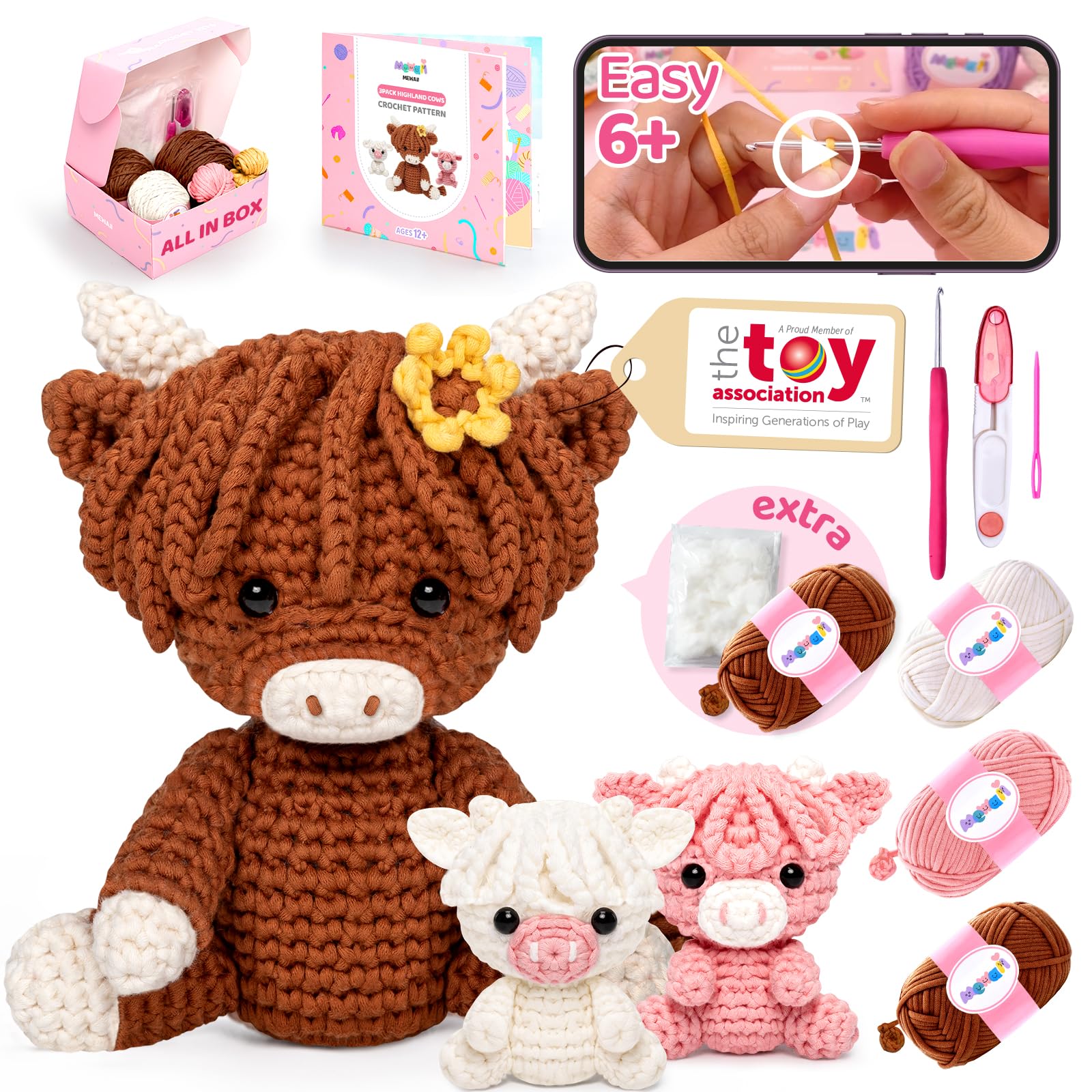 Mewaii Crochet Kit for Beginners, Crochet Starter Kit with Step-by-Step Video Tutorials, Crochet Complete Kit with 40%+ Pre-Started Yarn Content, Crochet Gifts for Adults Kids (3 Packs Highland Cow)