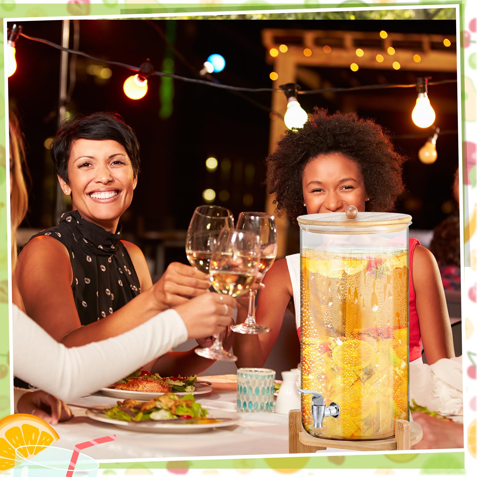 FillTouch Paquete de 2 dispensadores de bebidas de vidrio de 3 galones para fiestas, dispensadores de bebidas con soporte, espiga y tapa de bambú, a prueba de fugas para jugo, té, agua, limonada y