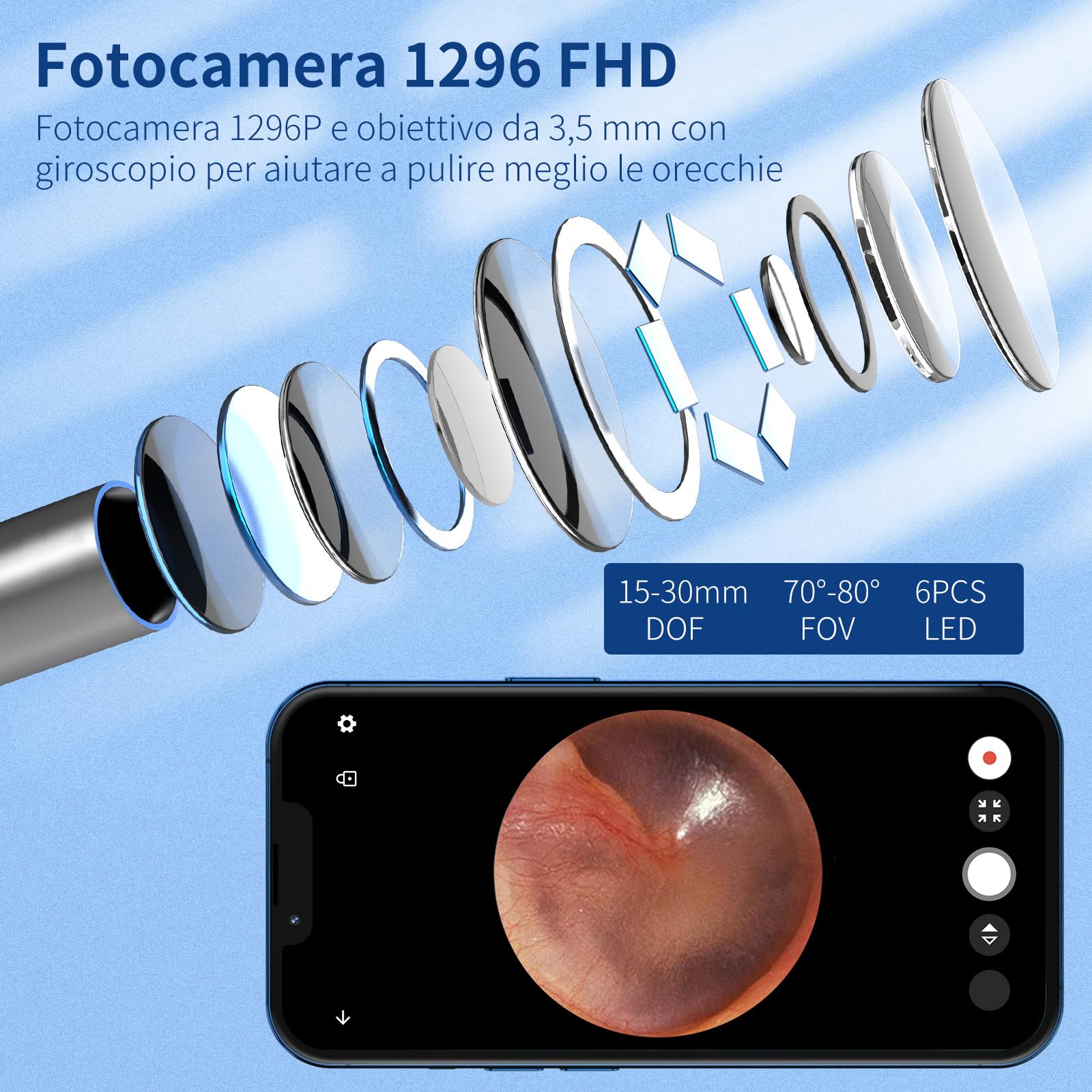 Pulizia Orecchie Otoscopio, Pulitore Orecchie HD da 5 MP, Pulisci Orecchie Impermeabile IP67, Pulire Orecchie da 3,9 mm e 6 LED per iPhone, iPad e smartphone Android, Nero