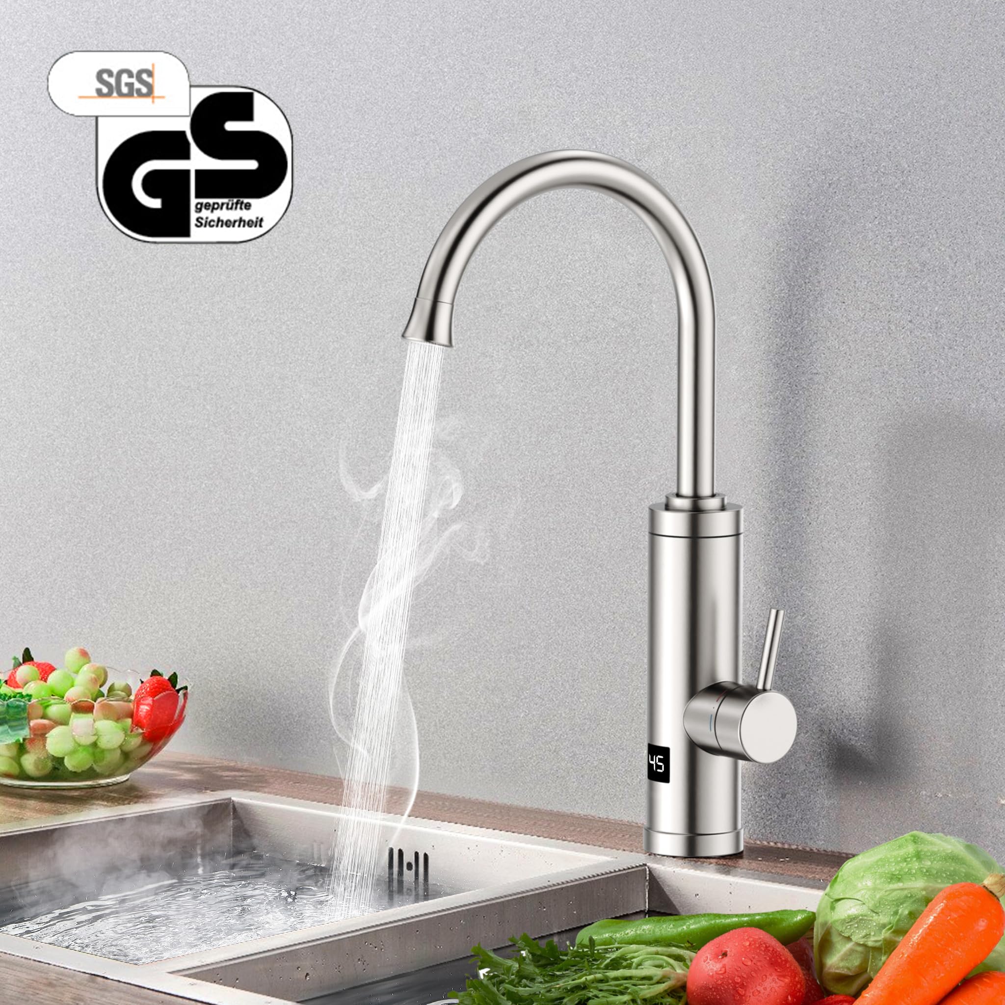 HOMELODY Wasserhahn mit Durchlauferhitzer 230V, GS-Zertifizierung Elektrischer Wasserhahn Sofort Heißes Küchenarmatur mit LED-Display, Anti-Spritz Edelstahl Küchenarmatur, Durchlauferhitzer Küche