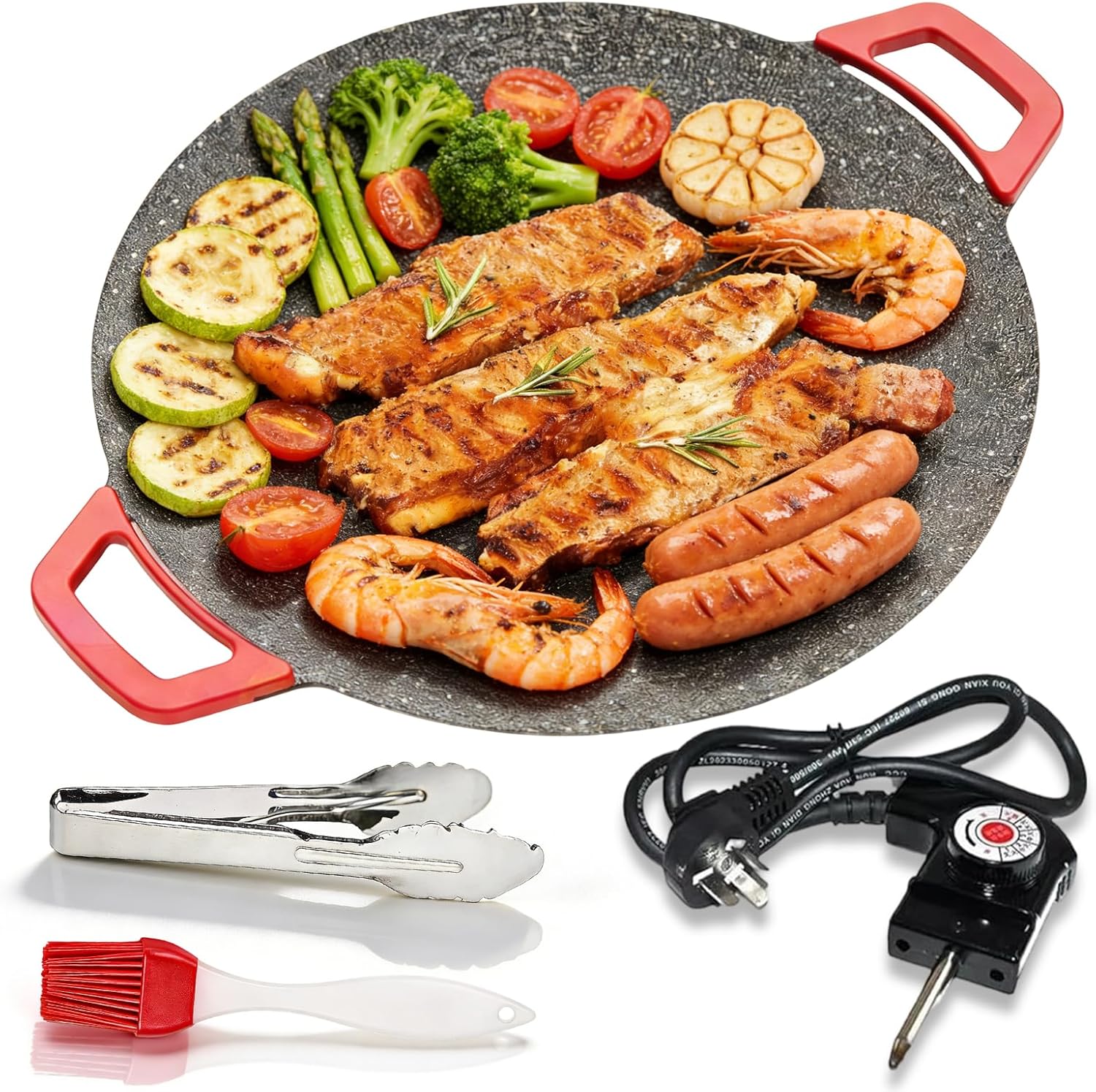 Indoor Smokeless Electric Griddle, 800W Portable Electric Korean BBQ Grill, Large Round Korean Grill Pan with 12/14/16" Nonstick Surface, Smokeless Oil Drain for Family Meals, Adjustable Temp (16in)