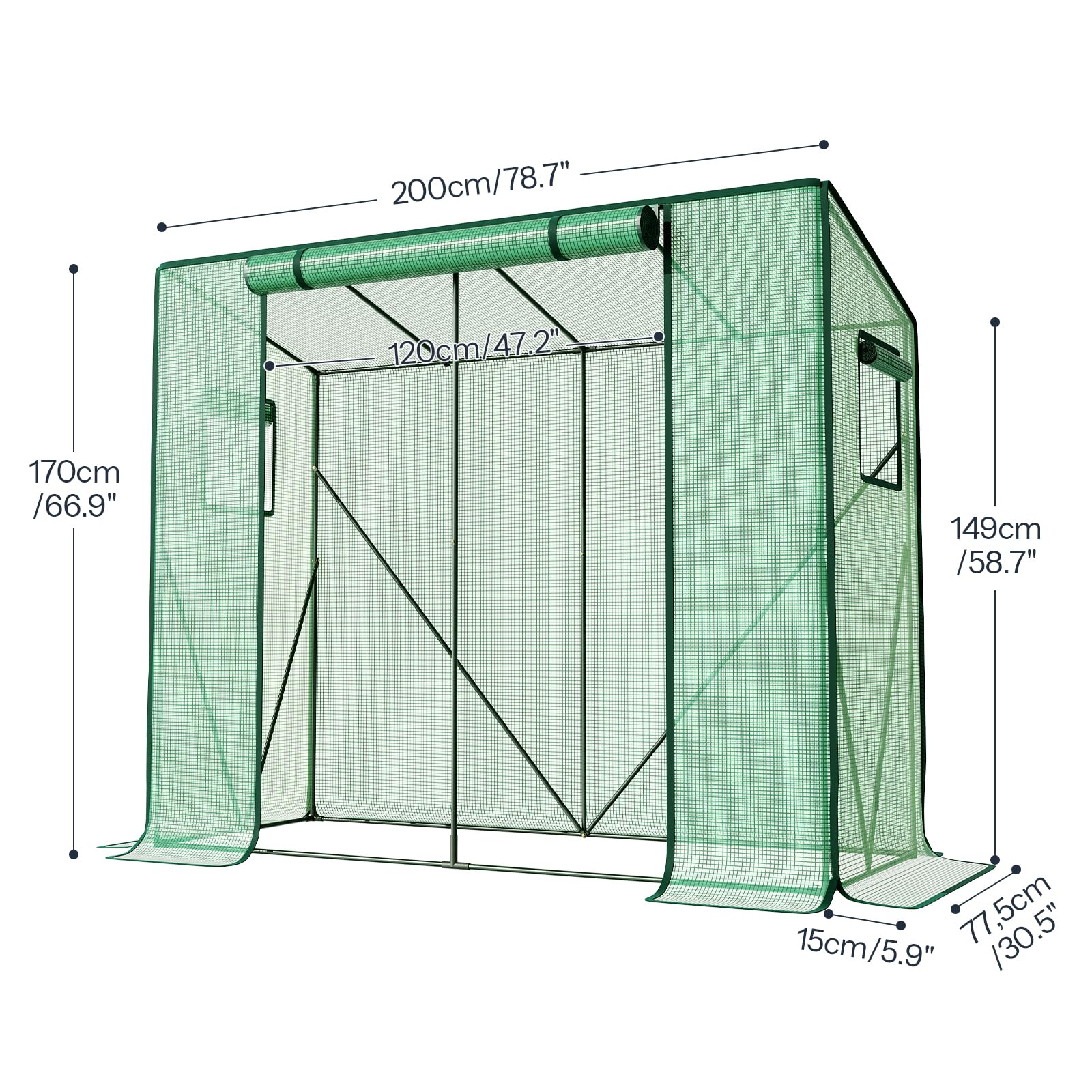 LARMNEE Invernadero para Jardín, Cobertizo Invernadero de PE, 200 x 77,5 x 170 cm, con 2 Ventanas y Puerta, Protección UV, Caseta para Tomates, Verduras, Frutas, Flores, Verde EGN30GH02G3