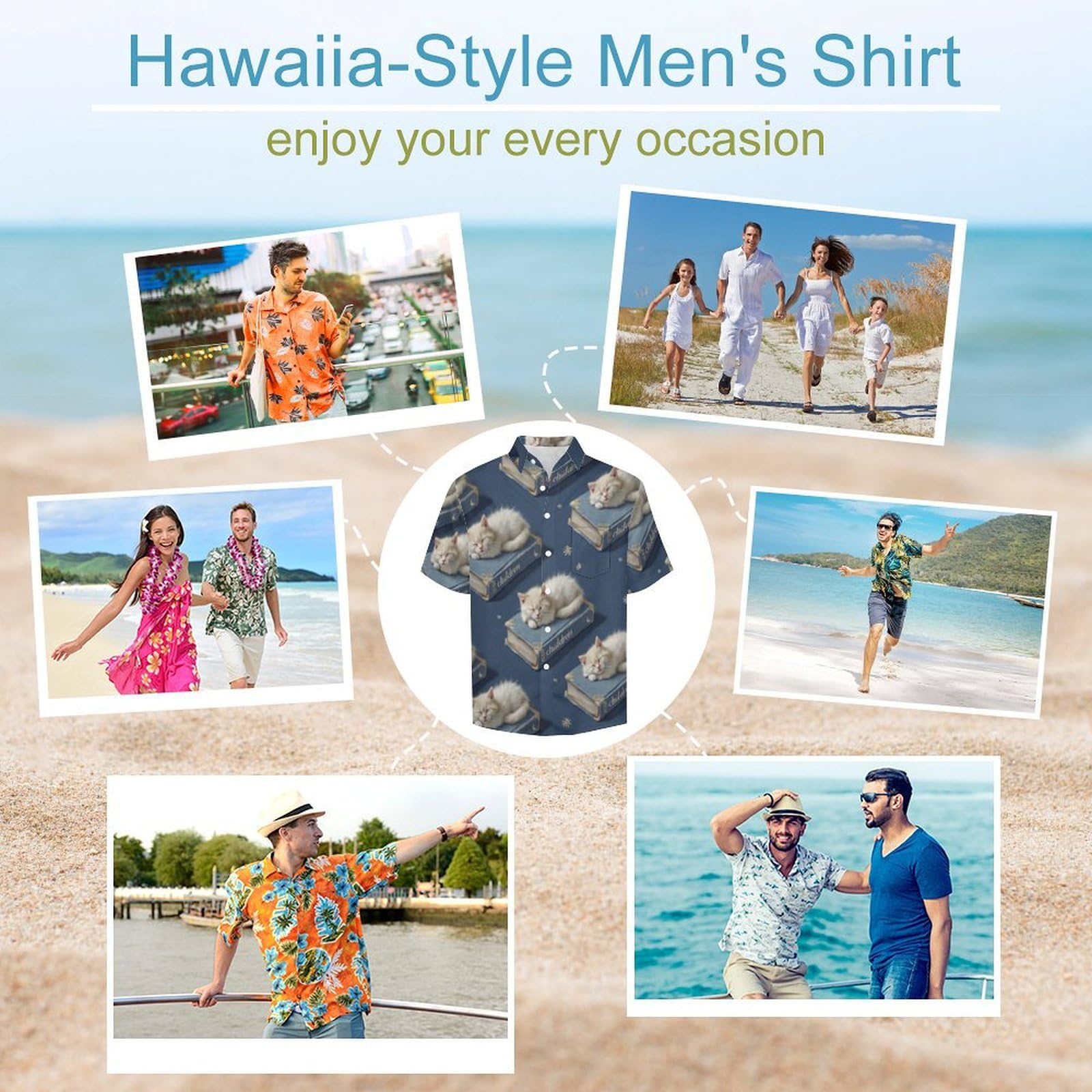 Camicia Casual da Uomo, Libri Gatti Stampa Maglietta Estiva a Maniche Corte Stile Animali Arte Casual Button Down Hawaiani Camicie Risvolto Spiaggia Top