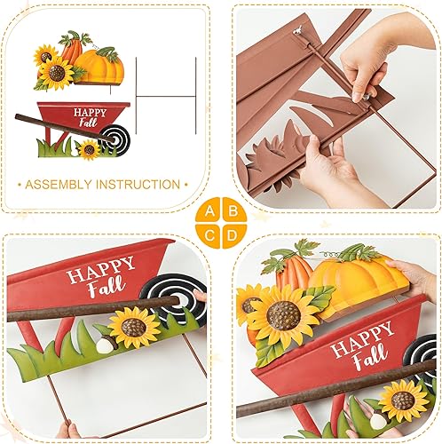 Miniatura 3 de Glitzhome Carretilla de metal de 30 pulgadas de alto, estaca de calabaza para colgar en la pared, carrito de calabaza con letreros de feliz otoño,
